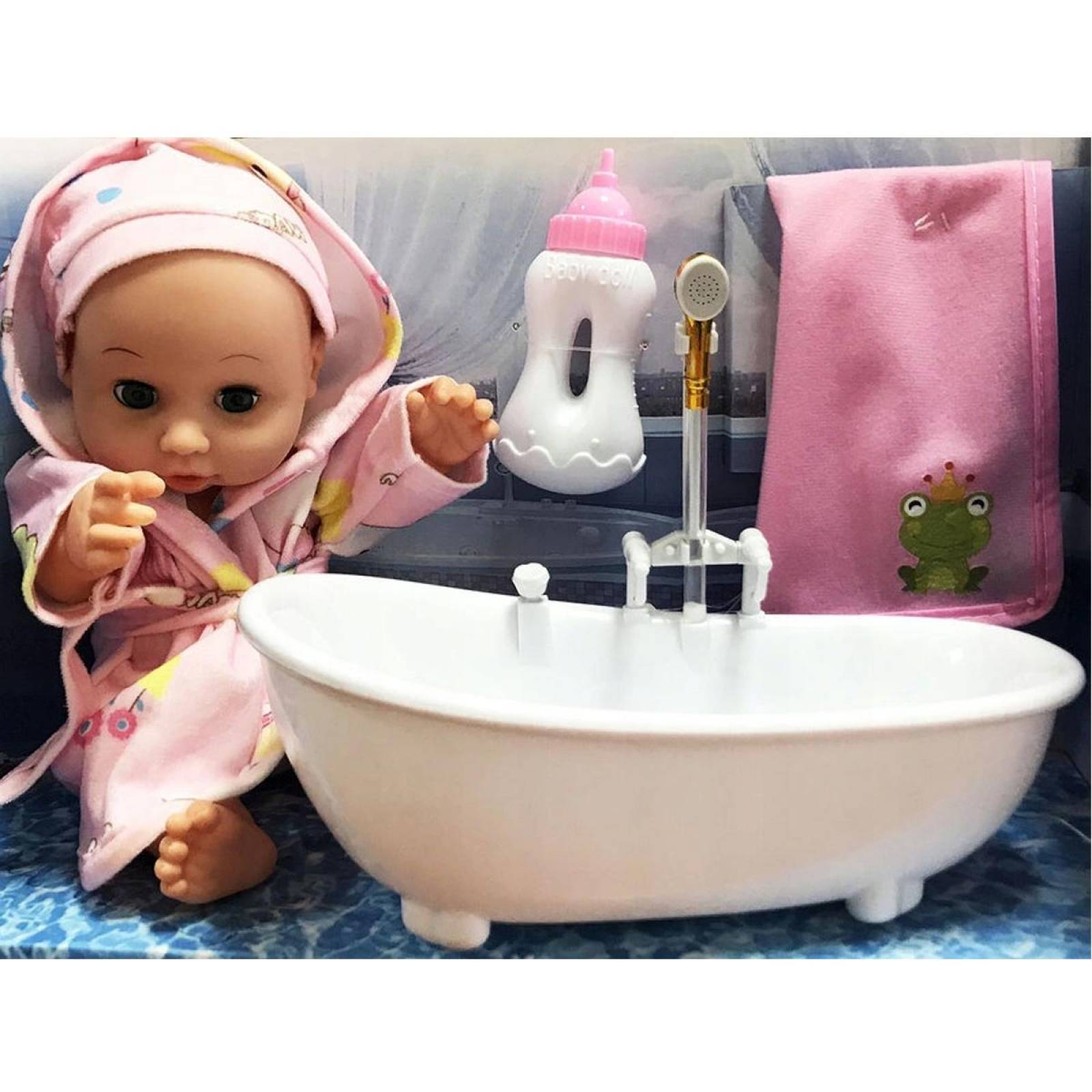 Muñeca bebé sonido set baño con accesorios bañera biberón 