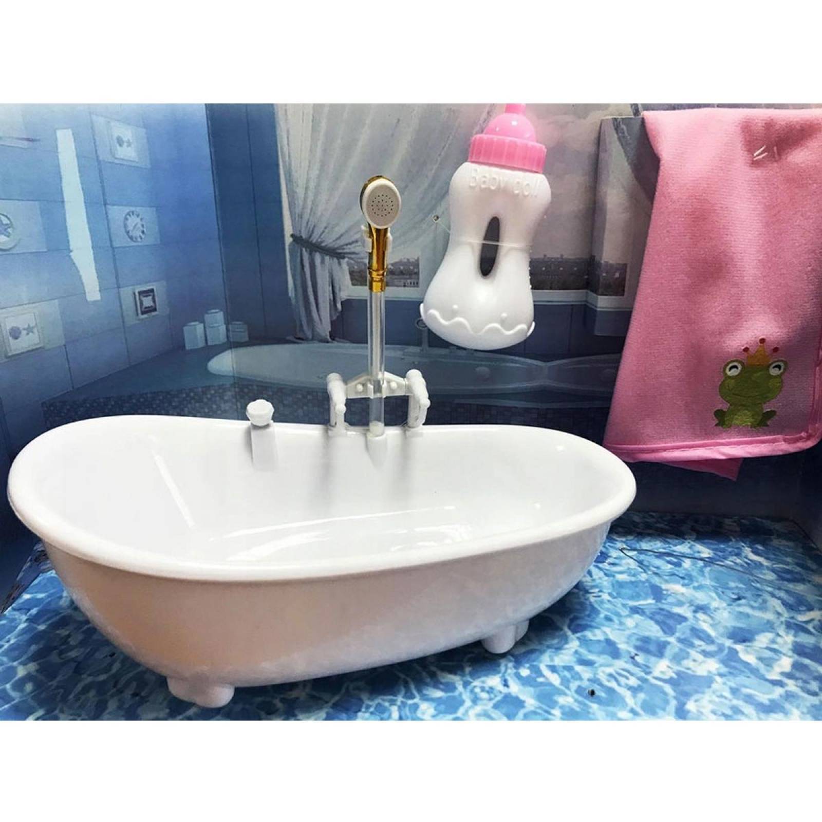 Muñeca bebé sonido set baño con accesorios bañera biberón 