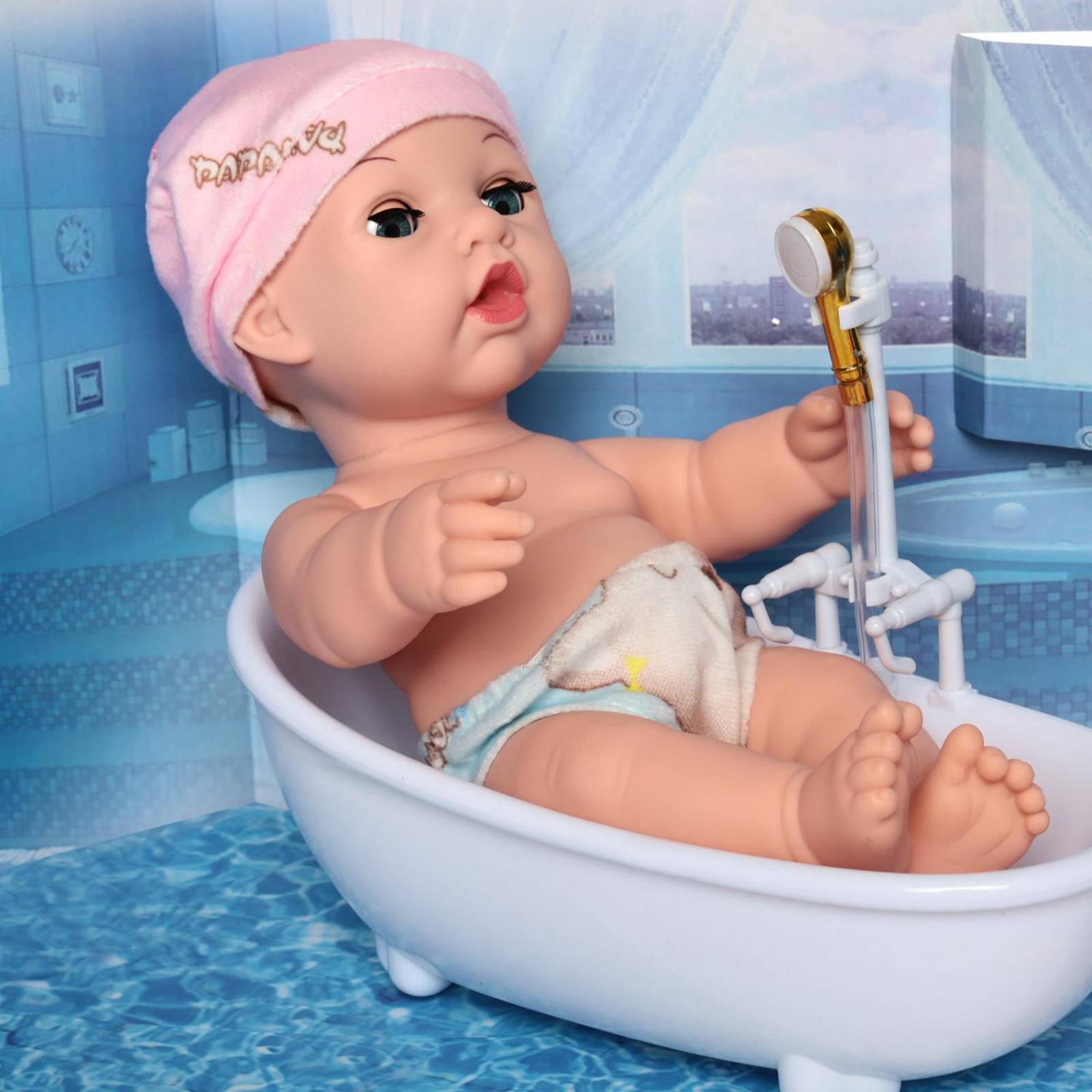 Muñeca bebé sonido set baño con accesorios bañera biberón 