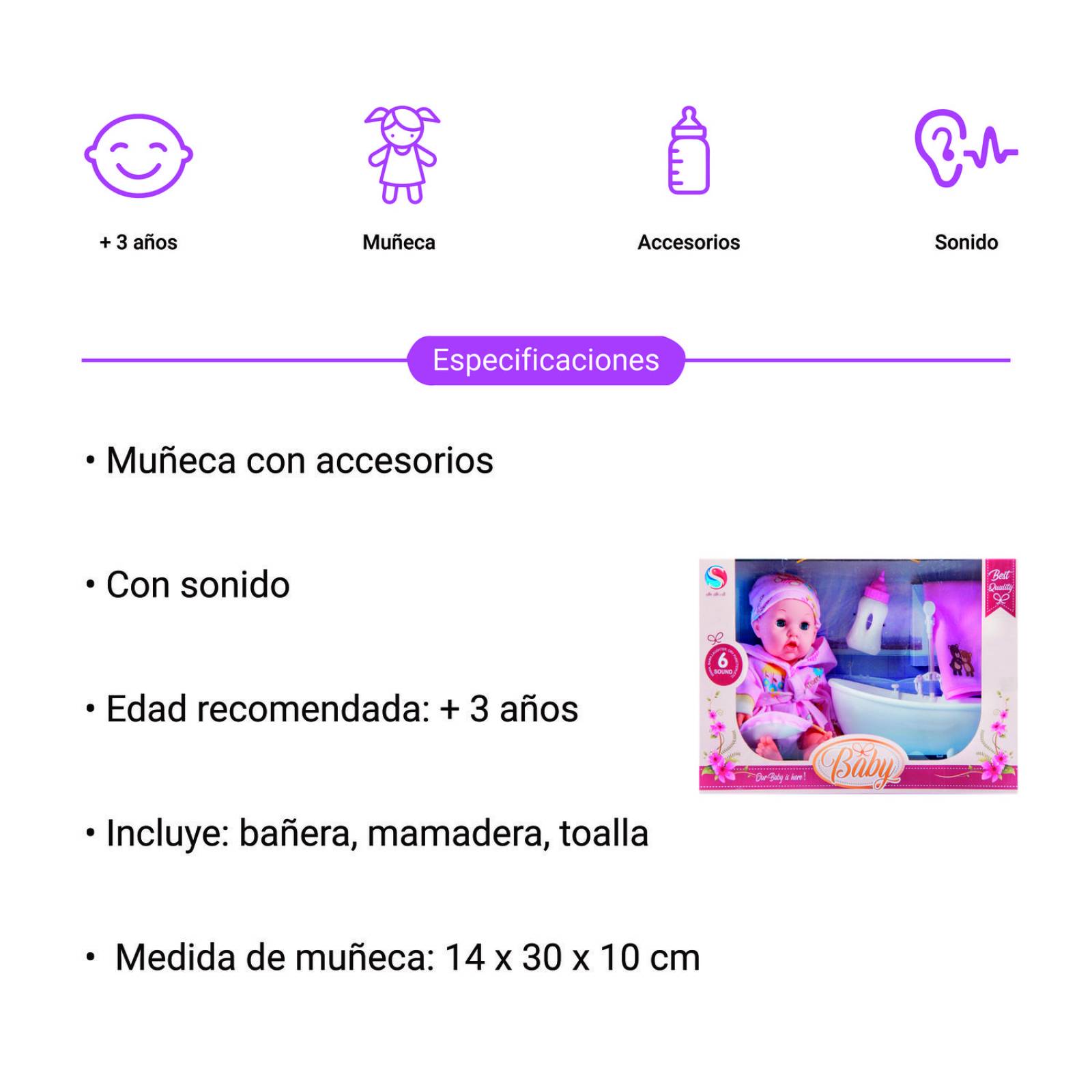 Muñeca bebé sonido set baño con accesorios bañera biberón 