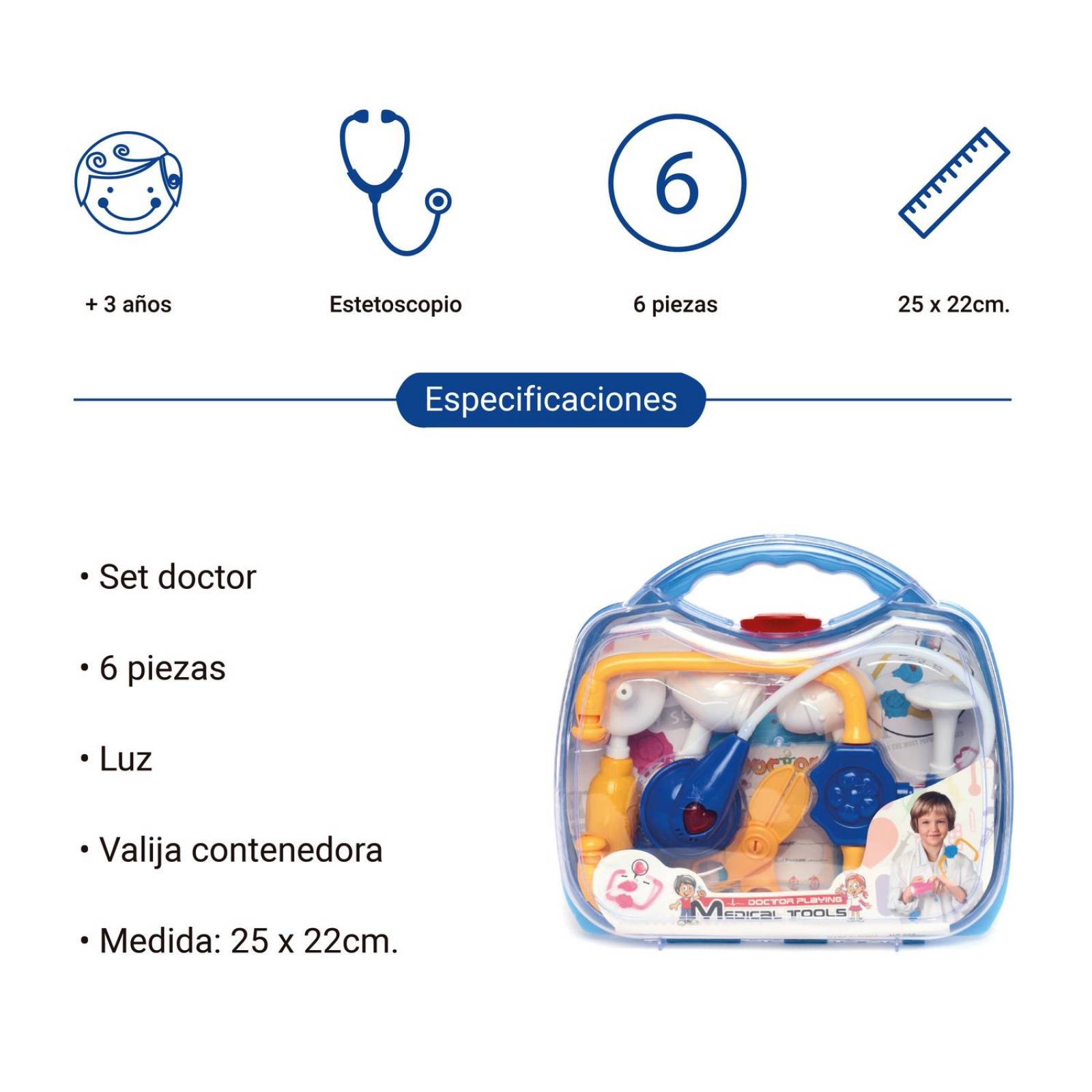Juguete set doctor, con valija, 6 piezas, con luz, kit medico