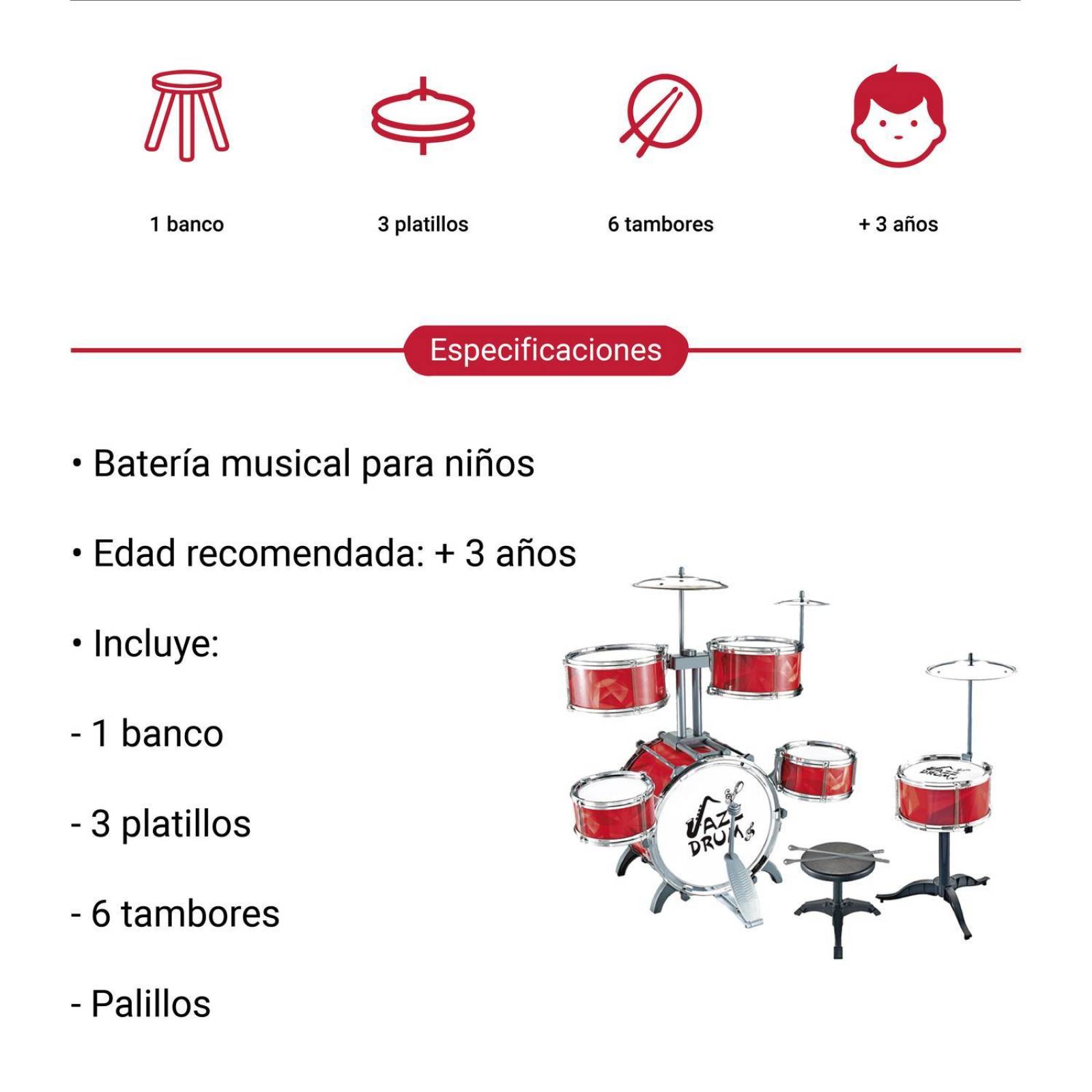 Bateria Musical Infantil 6 Tambores Niño Juguete
