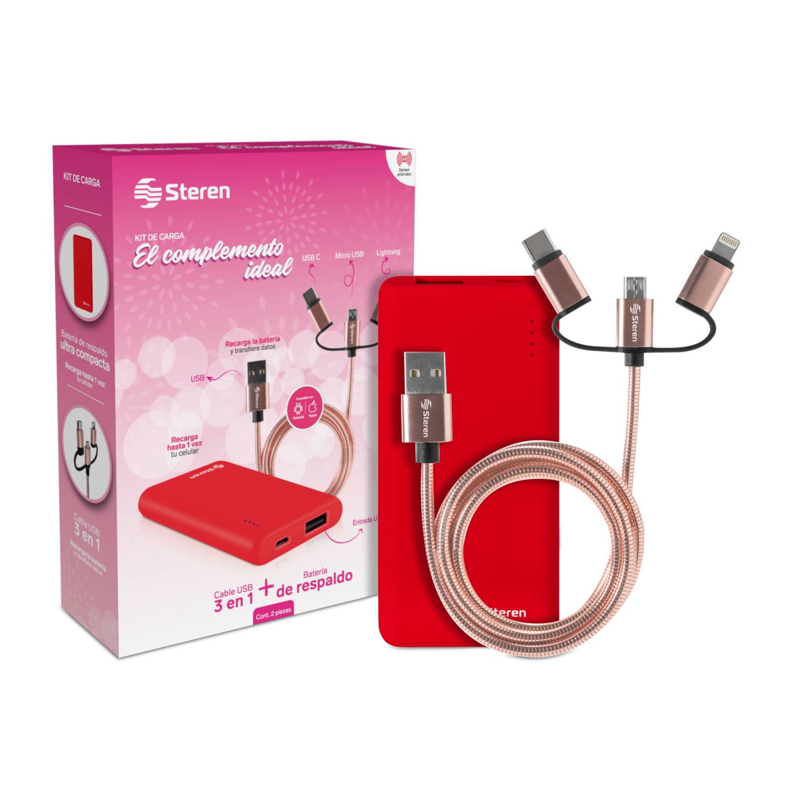 Paquete Batería de Respaldo más Cable 3 en 1 Lightning, Tipo C Steren