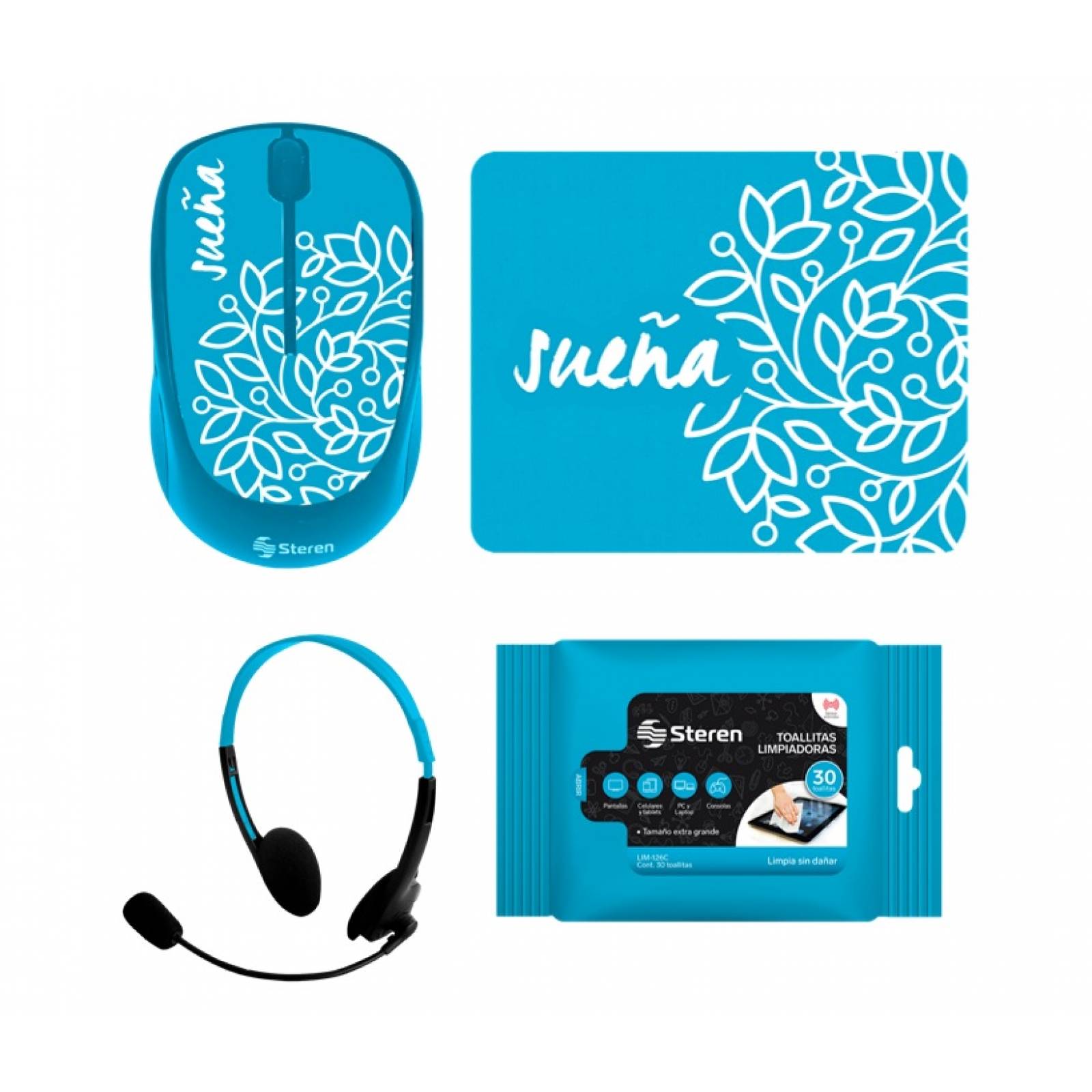 Steren Paquete Regreso a Clases con Mouse, Mouse Pad, Audífonos y Toallitas de Limpieza que Combina con tu Estilo EPACK-BTS-03, Con Todo lo Necesario para tu Regreso a Clases