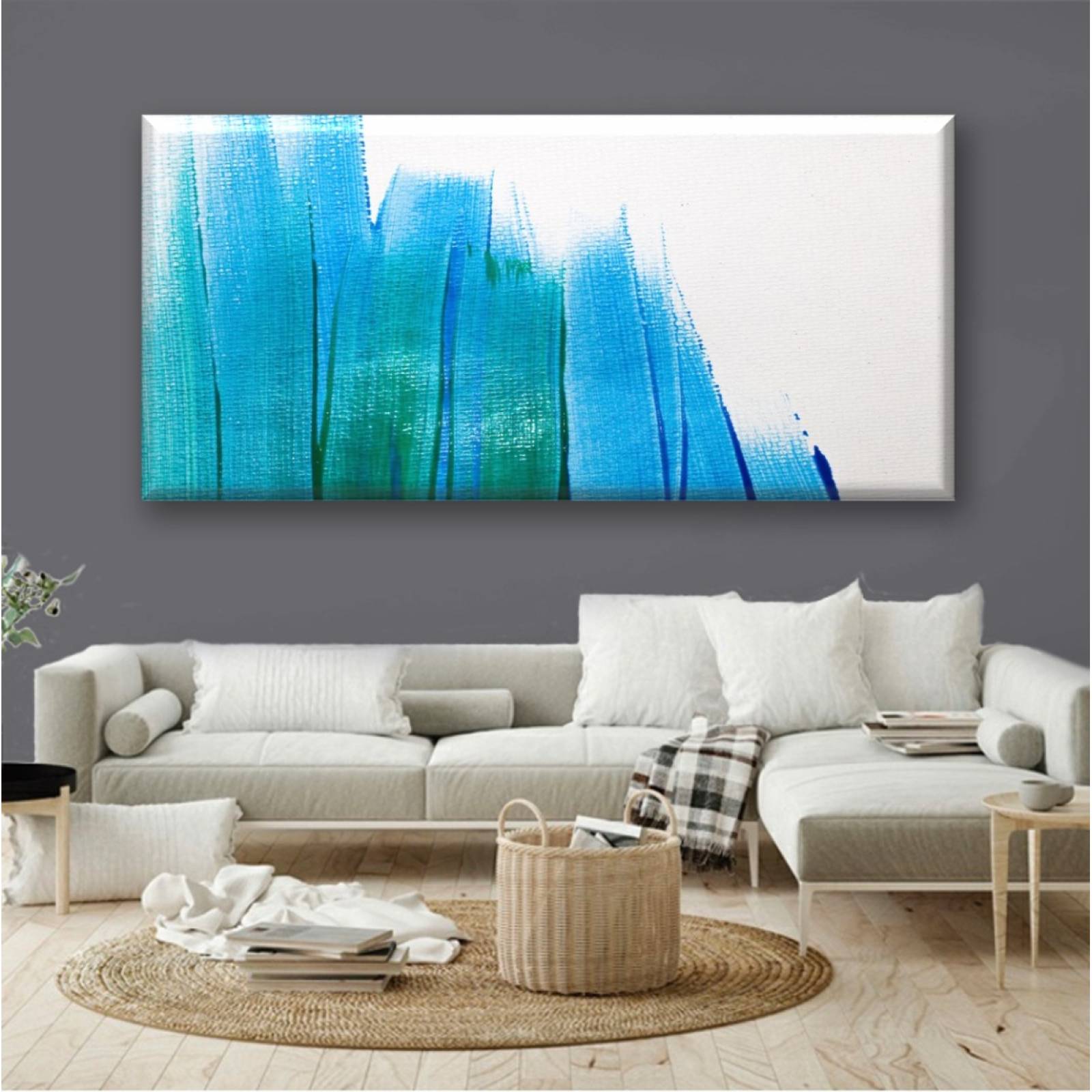 Cuadro Canva Decorativo Manchas De Pincel Azul 50X100 cm