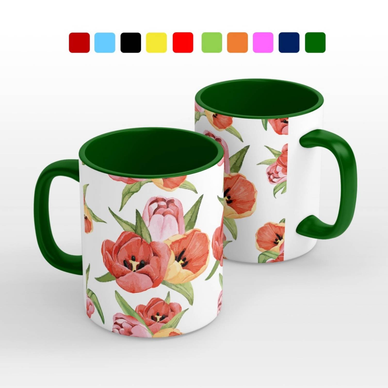 TAZA PERSONALIZADA TULIPANES MODELO INTERIOR Y ASA DE COLOR.