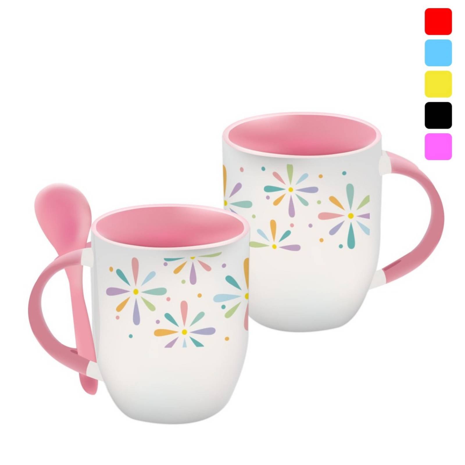 TAZA PERSONALIZADA  FLORES PASTEL MODELO CON CUCHARA