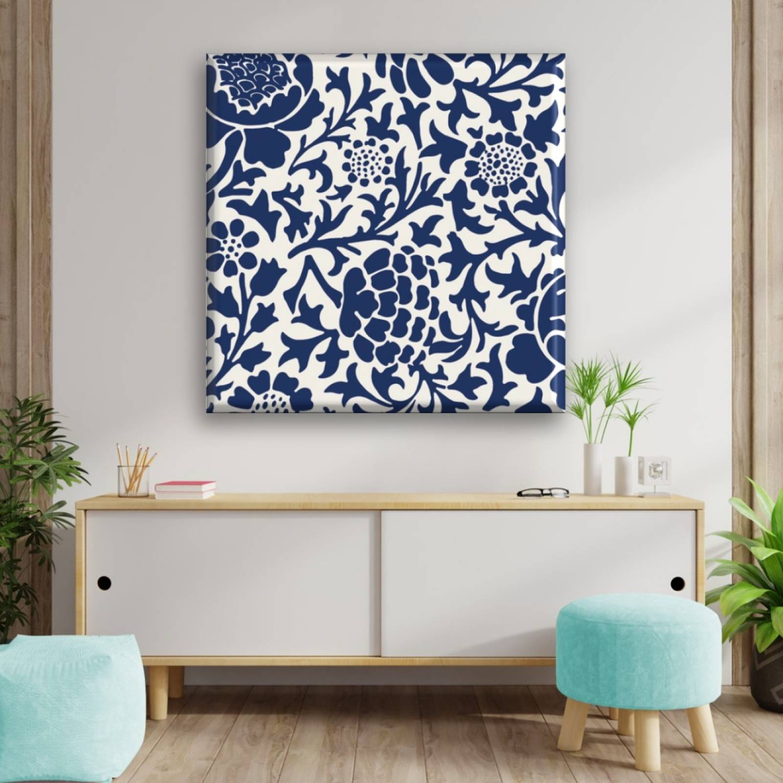 Cuadro Canva Decorativo Flores Y Hojas Azul 40X40 cm