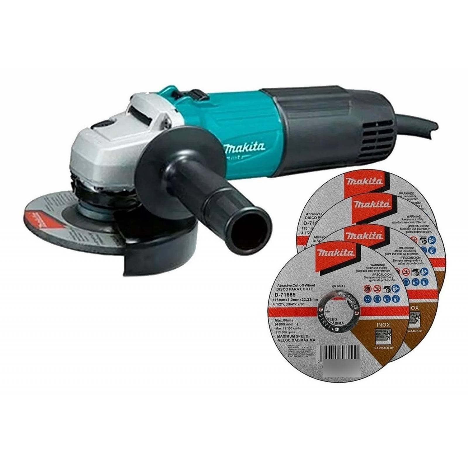Miniesmeriladora 4 1/2 540w 12000rpm Makita M0901B con 4 discos 