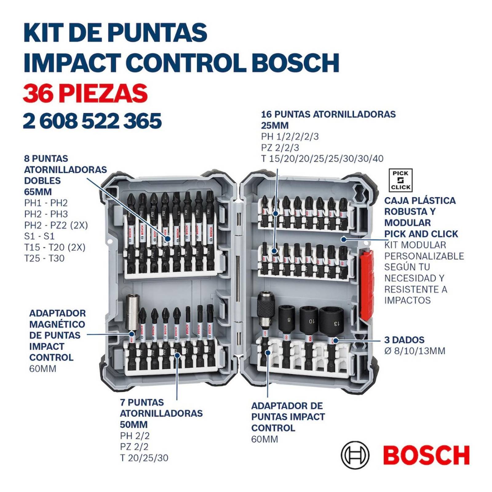 Kit De Puntas Y Dados Bosch Impact Control 36 Undidades 