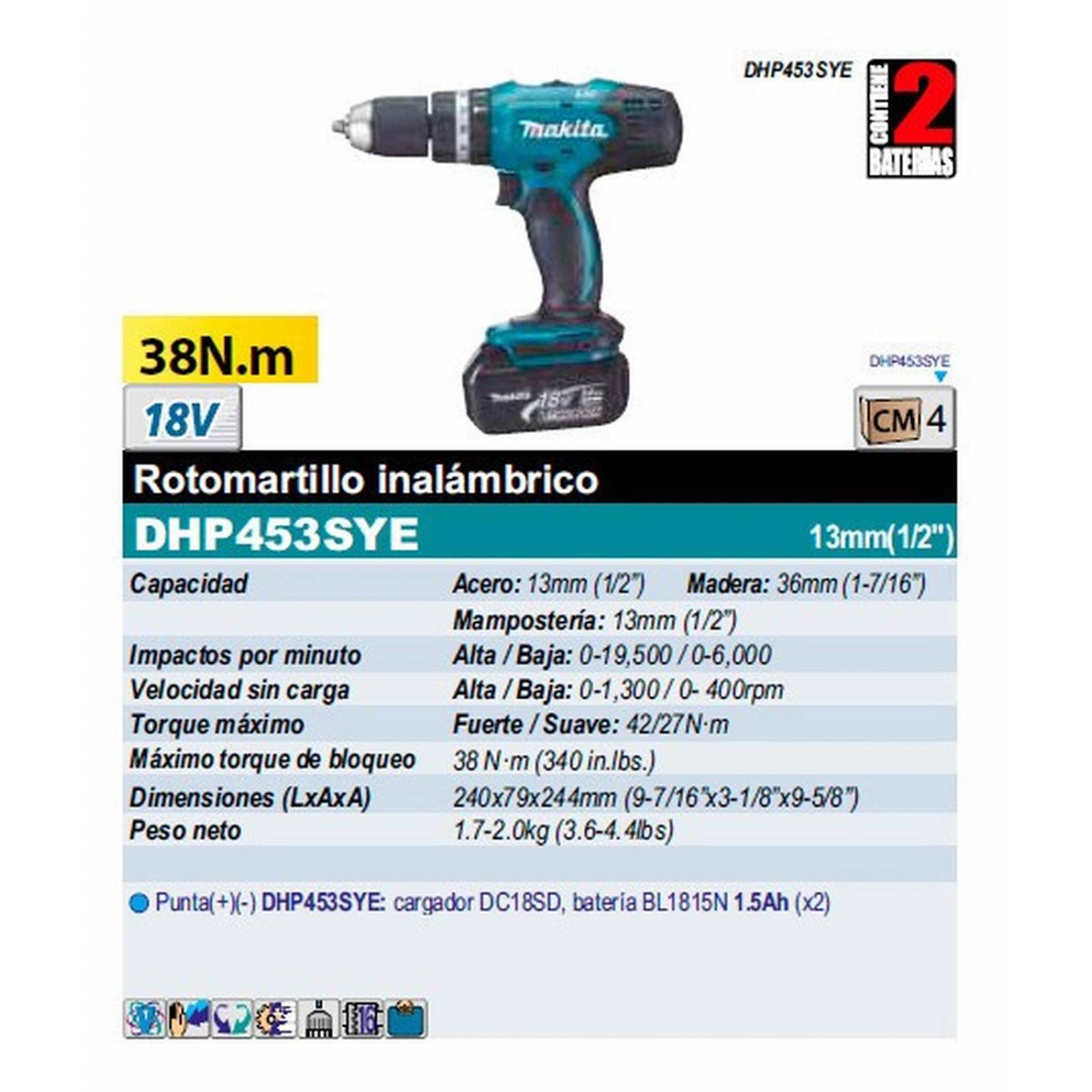Rotomartillo Atornillador Makita 18v 1/2 2 Baterias Cargador 