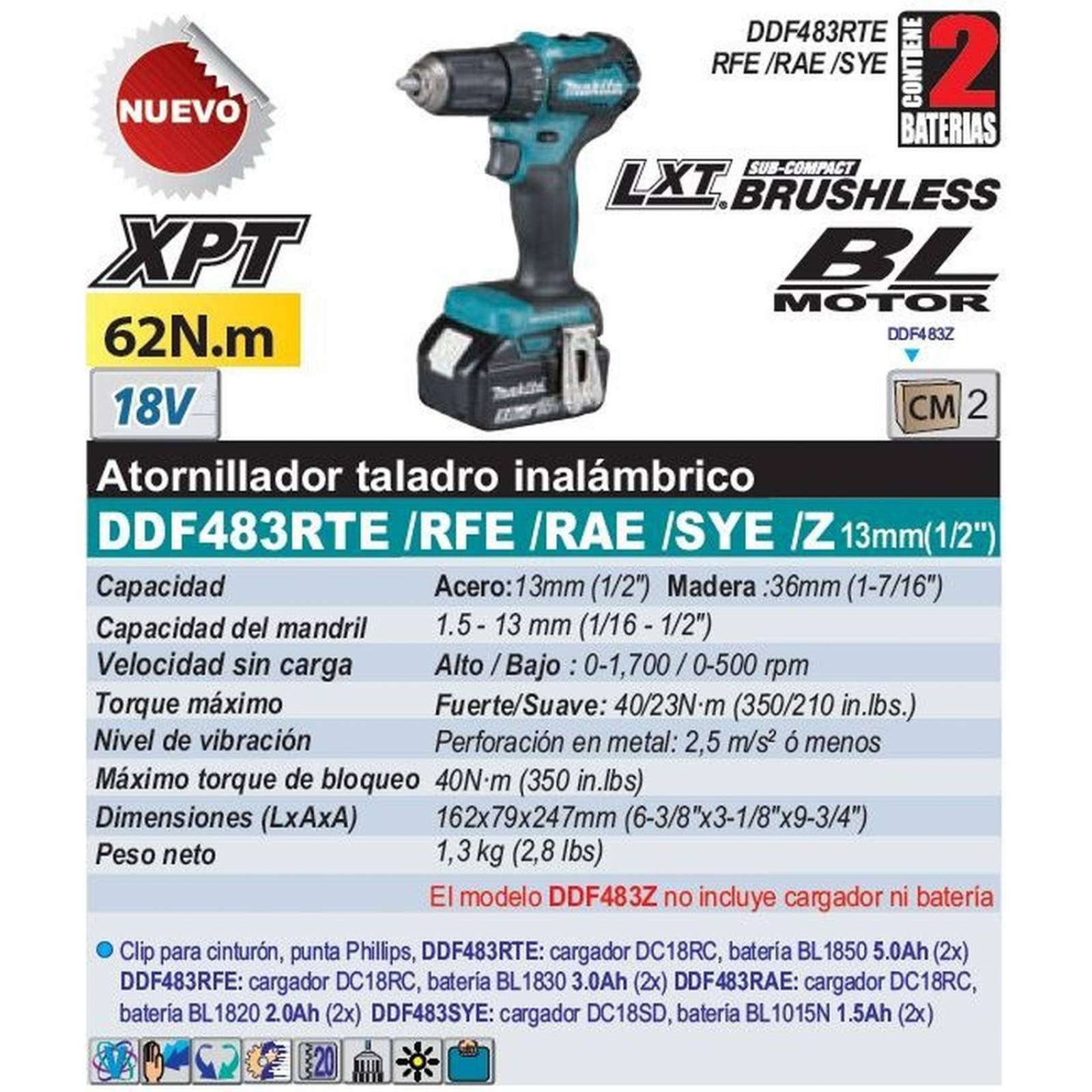 Atornillador Taladro Inalambrico 18v Makita Ddf483sfa