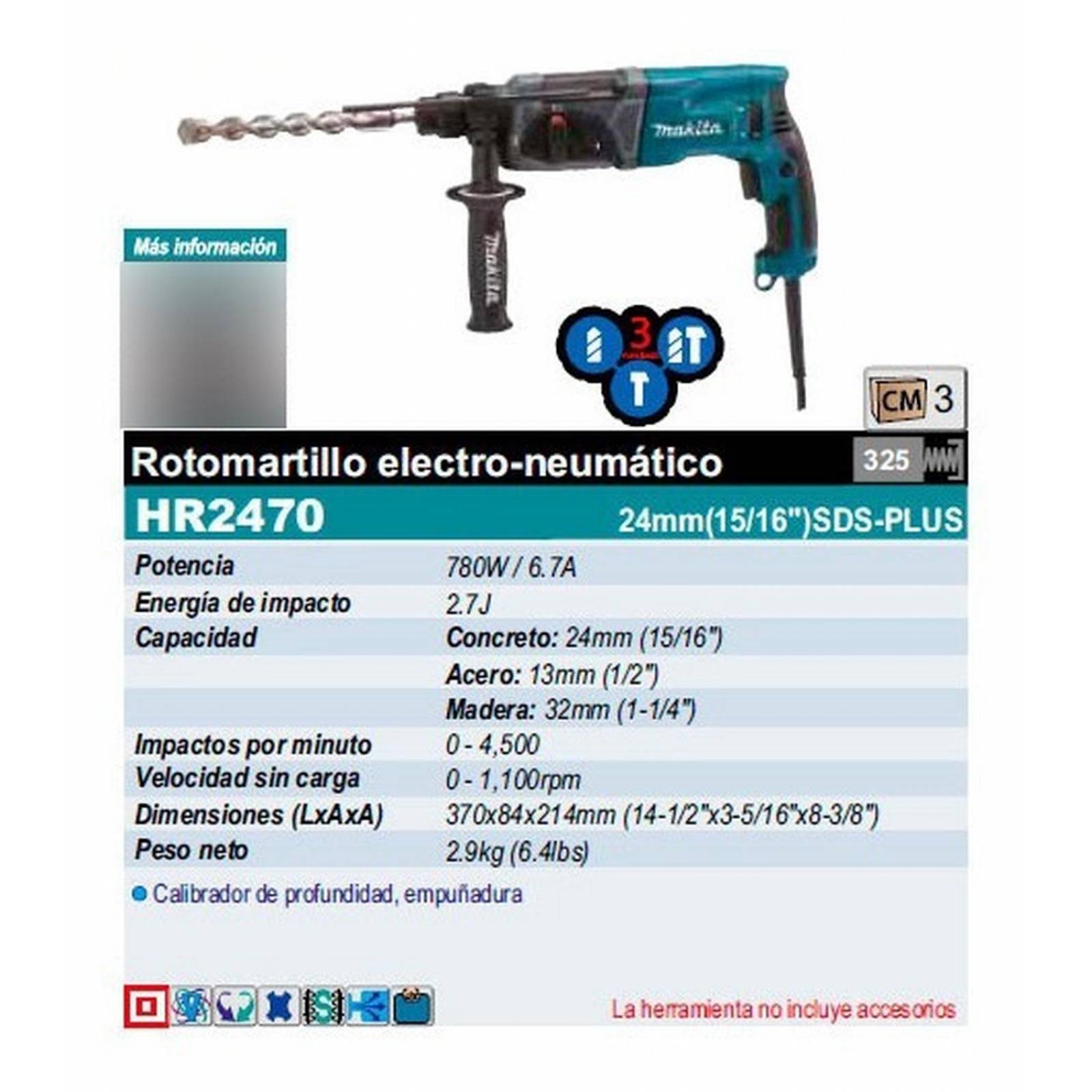 Rotomartillo Sds Plus 1 780w 2.4kg Cincelador Makita Hr2470