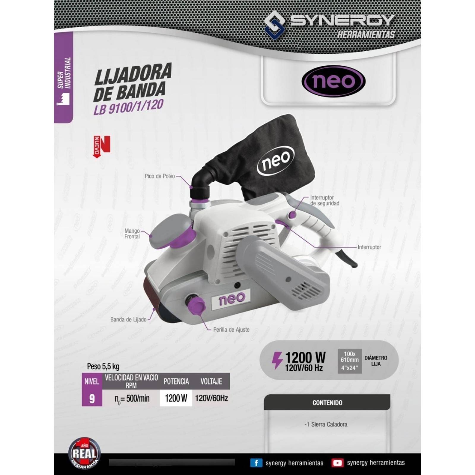 Lijadora De Banda 4x24 PuLG 1200w Industrial Neo 