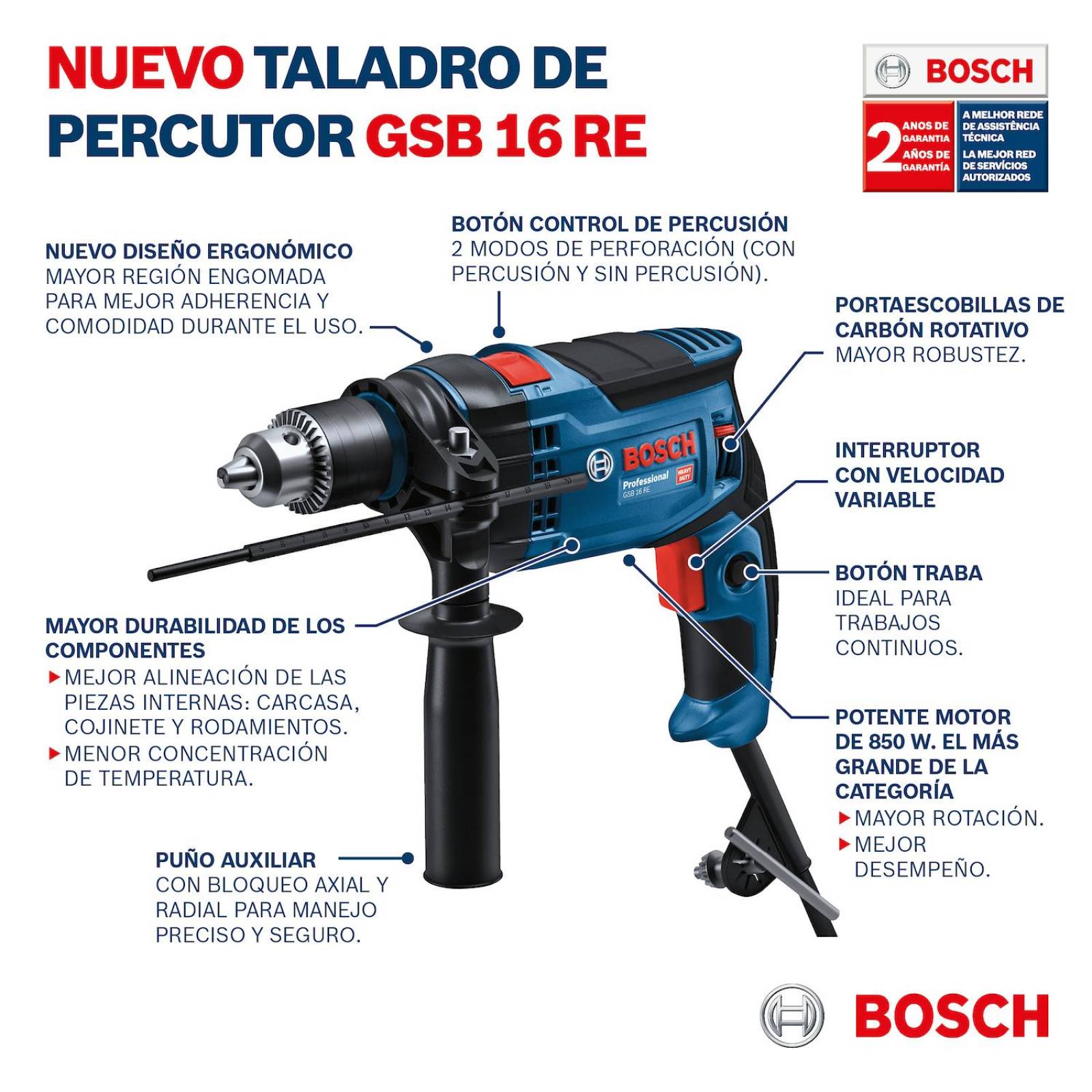 Rotomartillo Taladro Bosch 850w 115v Vel Variable Gsb 16 Re 