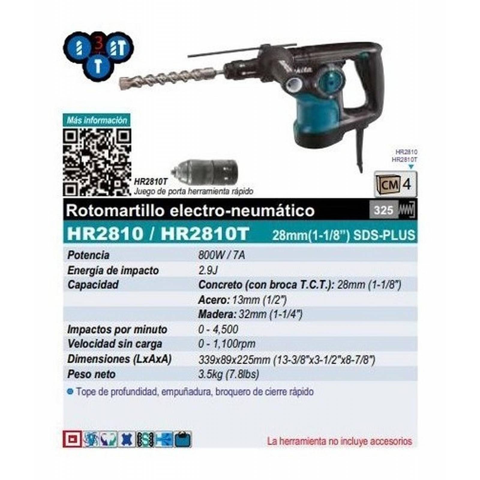 Martillo Sds Plus Makita Hr2810 1 1/8 800w 3.3kg 1100rpm 