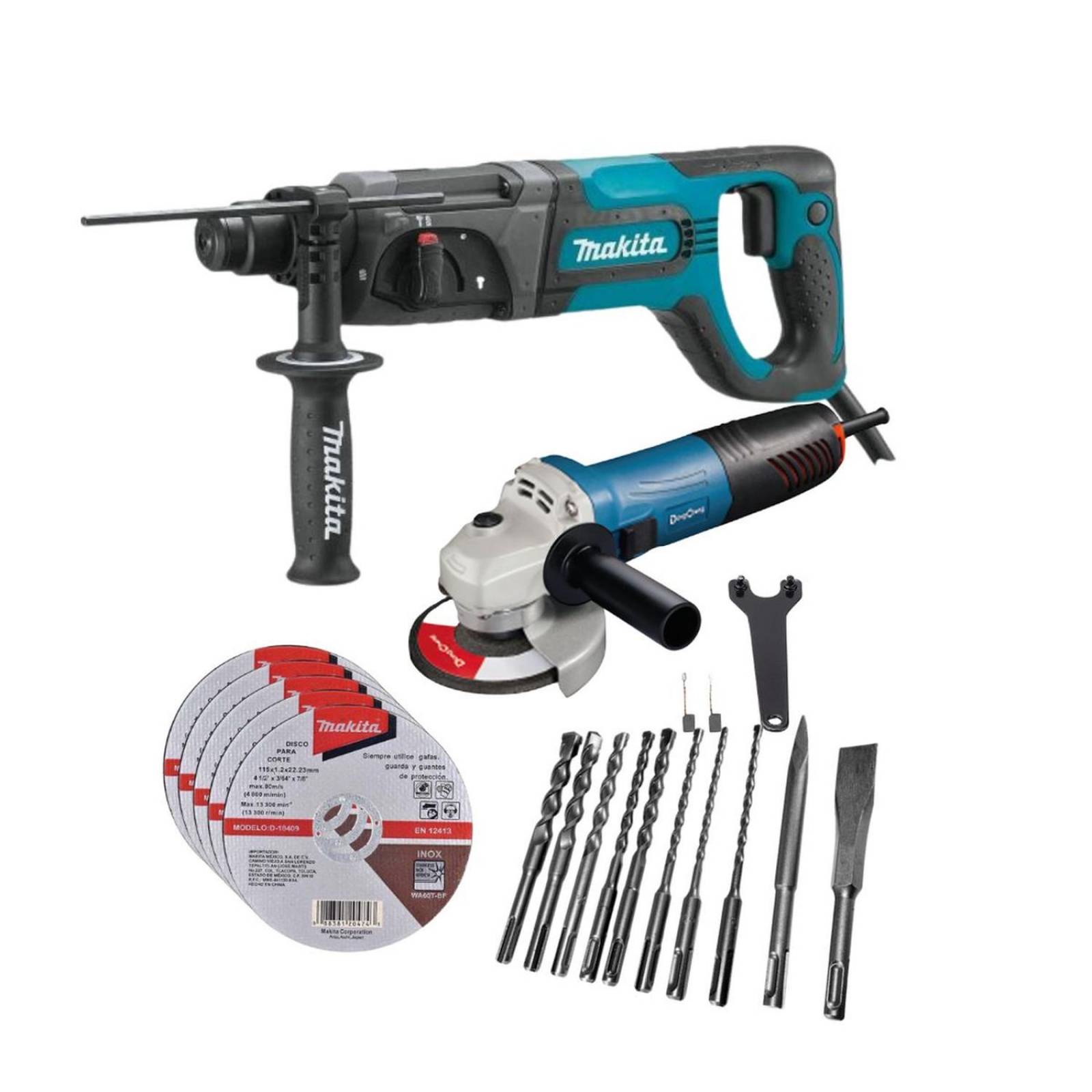 Rotomartillo Makita HR2475 + miniesmeril DC+brocas+5 discos 