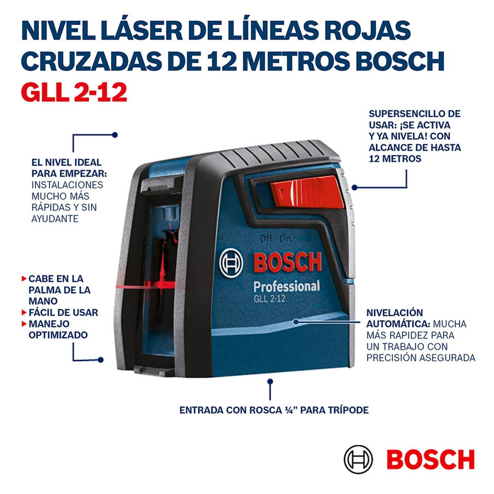 Nivel Laser Bosch GLL 2-12, de Líneas, Color Rojo, 12m 