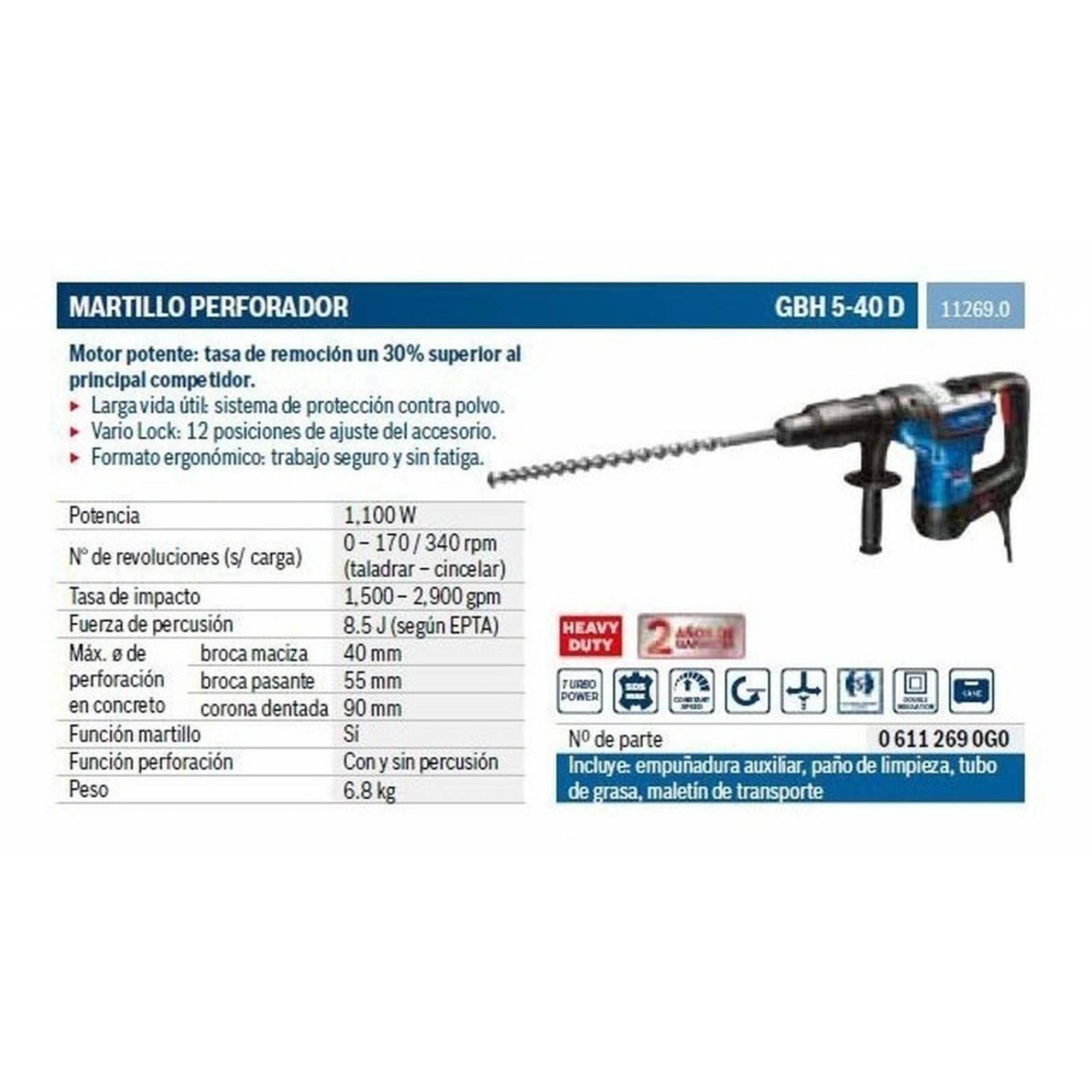 Martillo Perf. 6.8Kg 3/4 Sds Max Gbh 5-40 D Bosch 06112690g0 