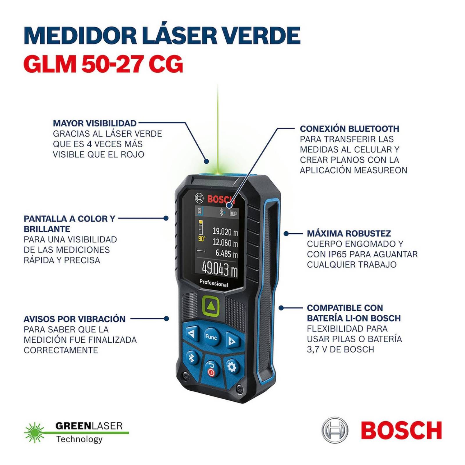 Telemetro Bosch Láser Verde Bluetooth Glm 50-27 Cg 0.05-50m