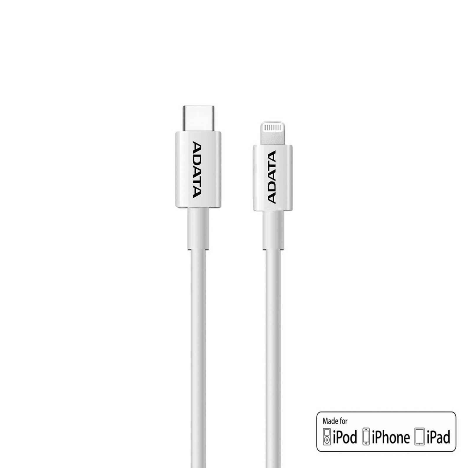 Cable Datos USB-C a Lightning PD ADATA certificado Blanco para iPhone iPod iPad 