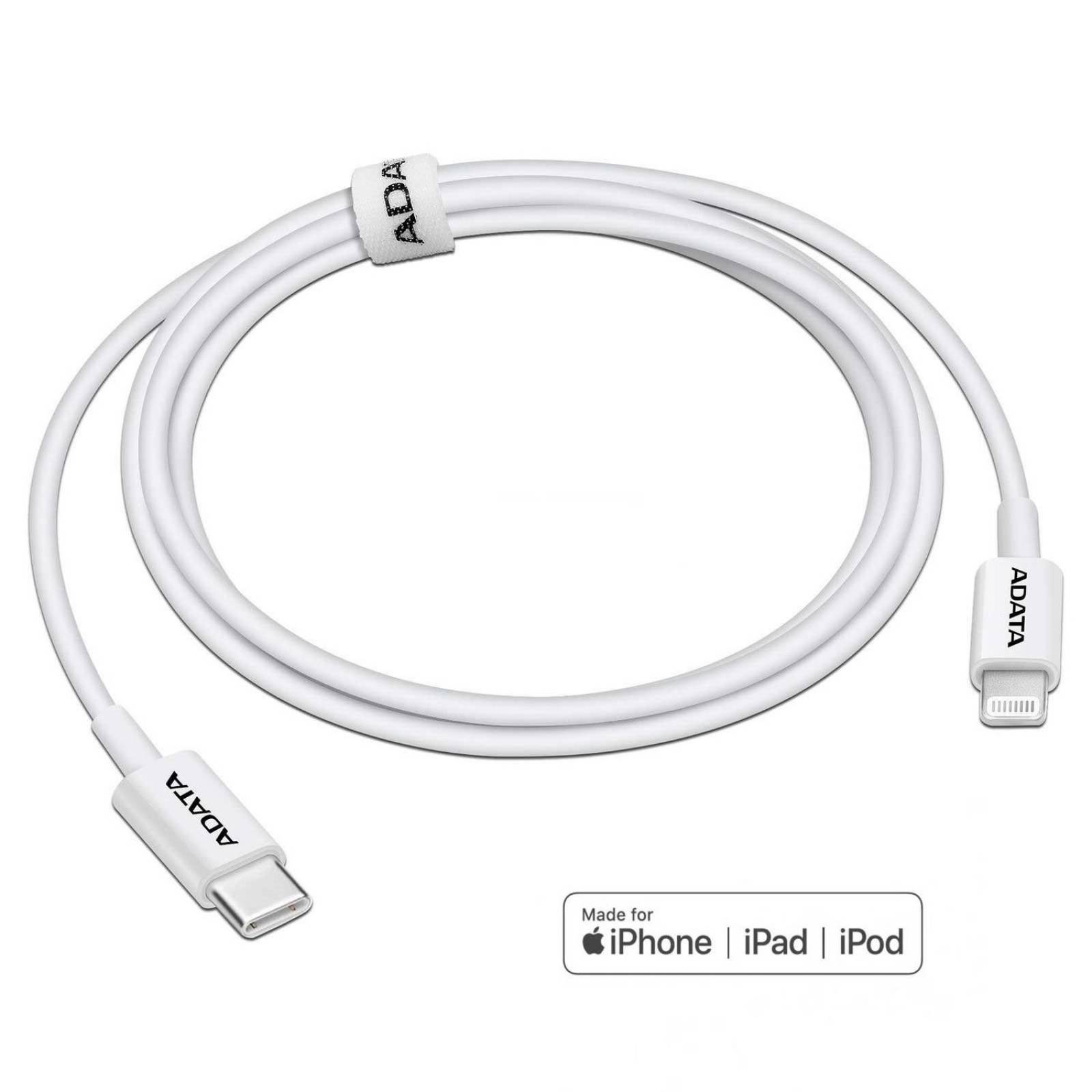 Cable Datos USB-C a Lightning PD ADATA certificado Blanco para iPhone iPod iPad 