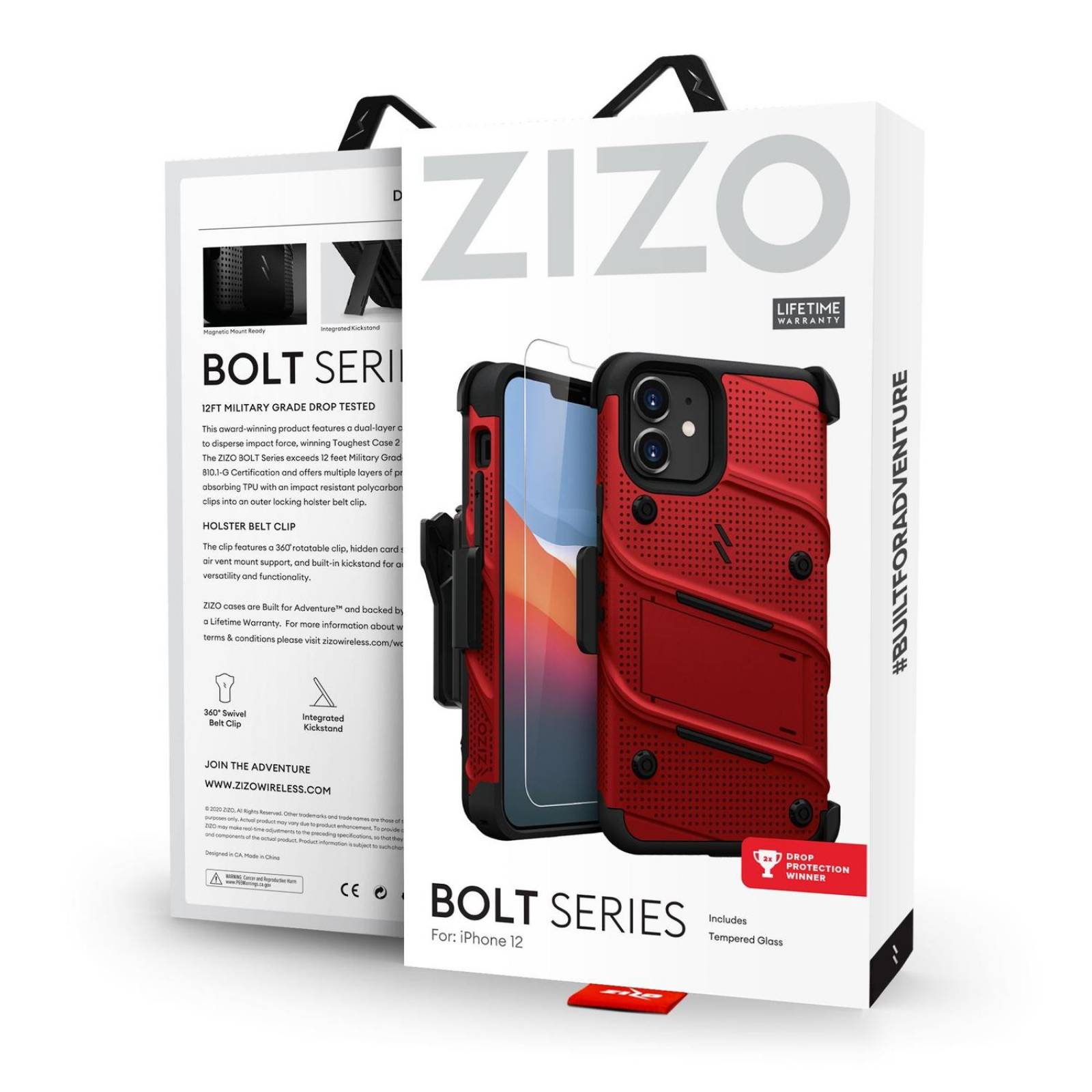 . Funda ZIZO Bolt para iPhone 12 MINI Roja Negro con clip y mica de pantalla 