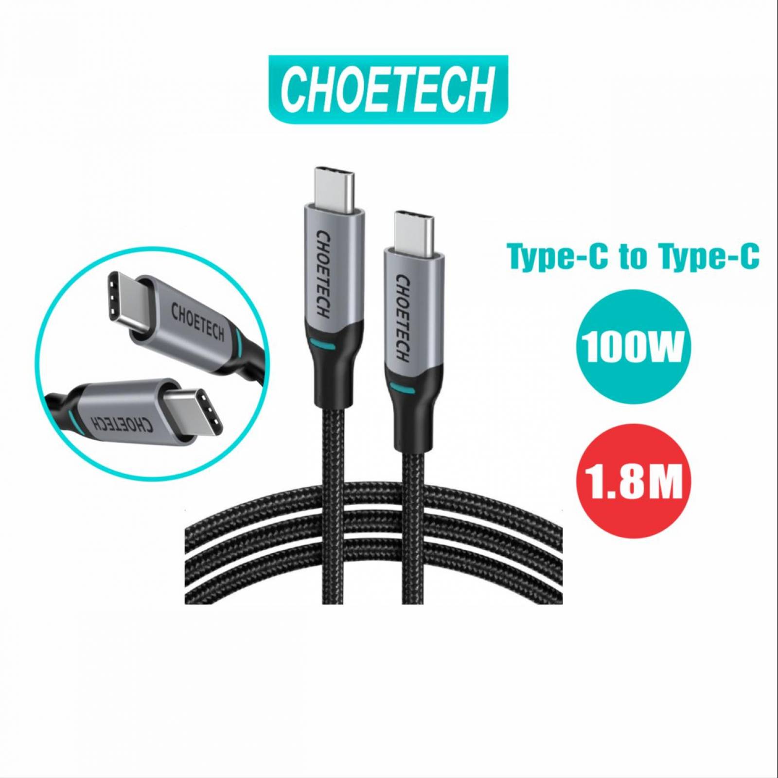 Cable Datos CHOETECH reforzado USB-C a USB-C 1.8m Universal 