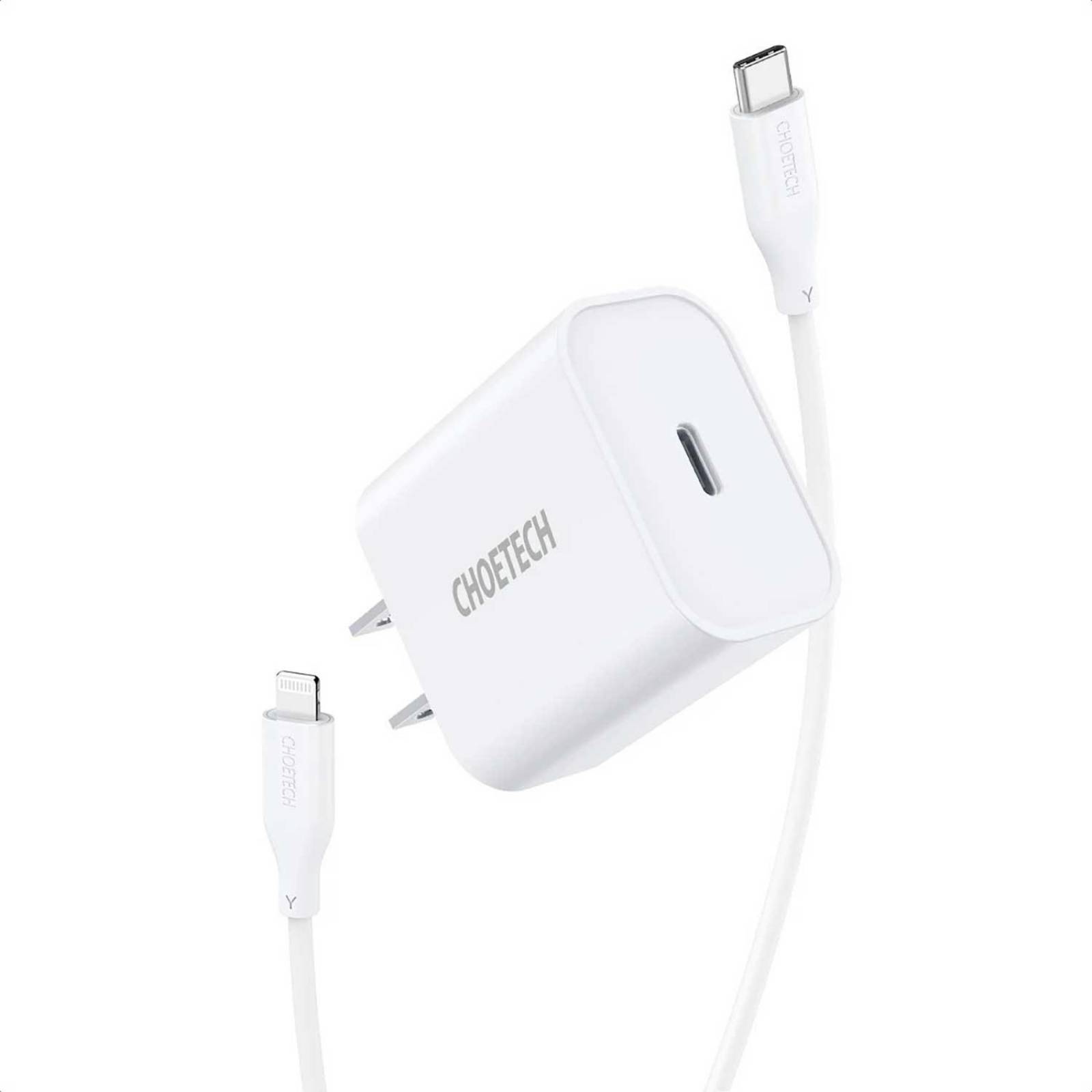 Cargador AC CHOETECH USB-C PD 18W para iPhone iPad Blanco cable certificado incluido