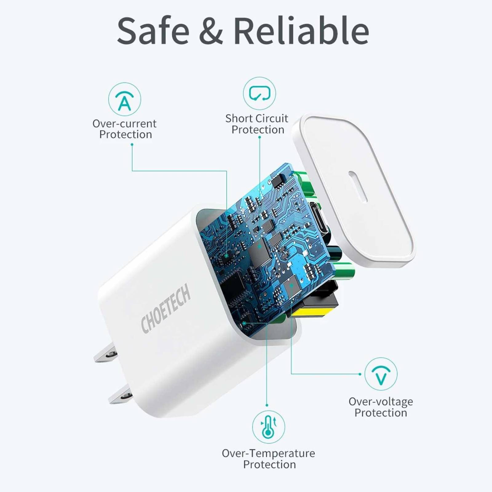 Cargador AC CHOETECH USB-C PD 18W para iPhone iPad Blanco cable certificado incluido