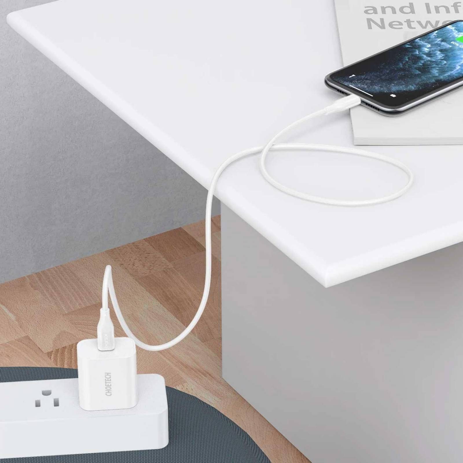 Cargador AC CHOETECH USB-C PD 18W para iPhone iPad Blanco cable certificado incluido