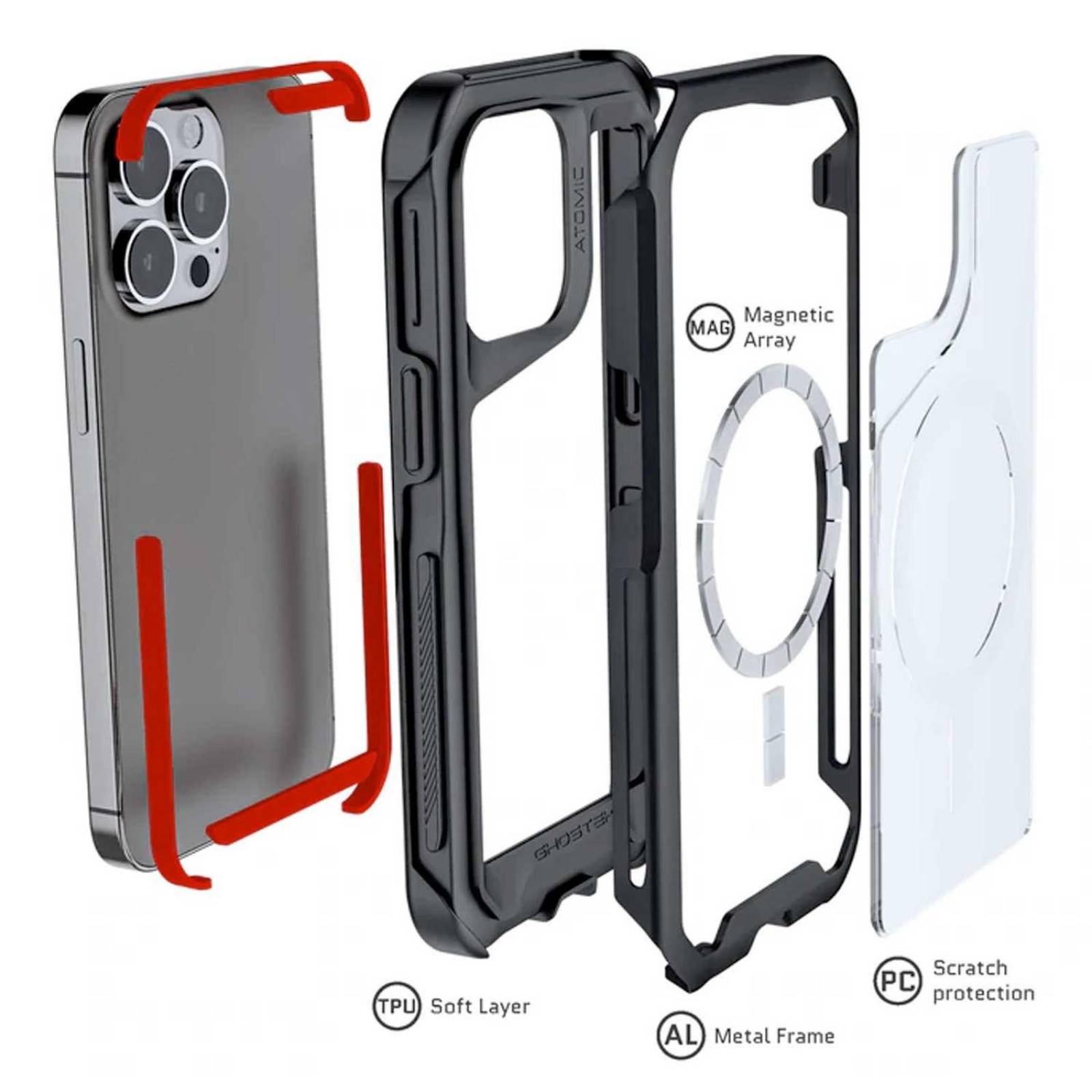 Funda GHOSTEK Atomic para iPhone 13 PRO MAX Aluminio Transp Negra MagSafe 