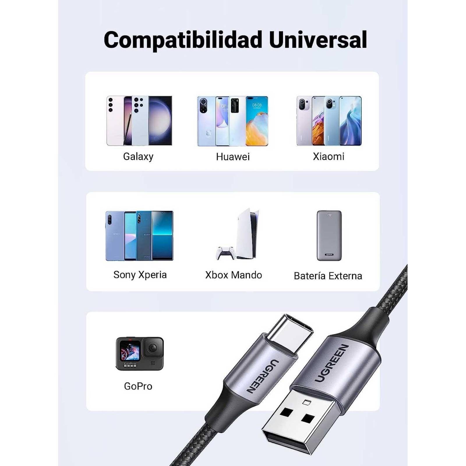 Cable Datos UGREEN USB-A a USB-C 2m trenzado Universal Gris 