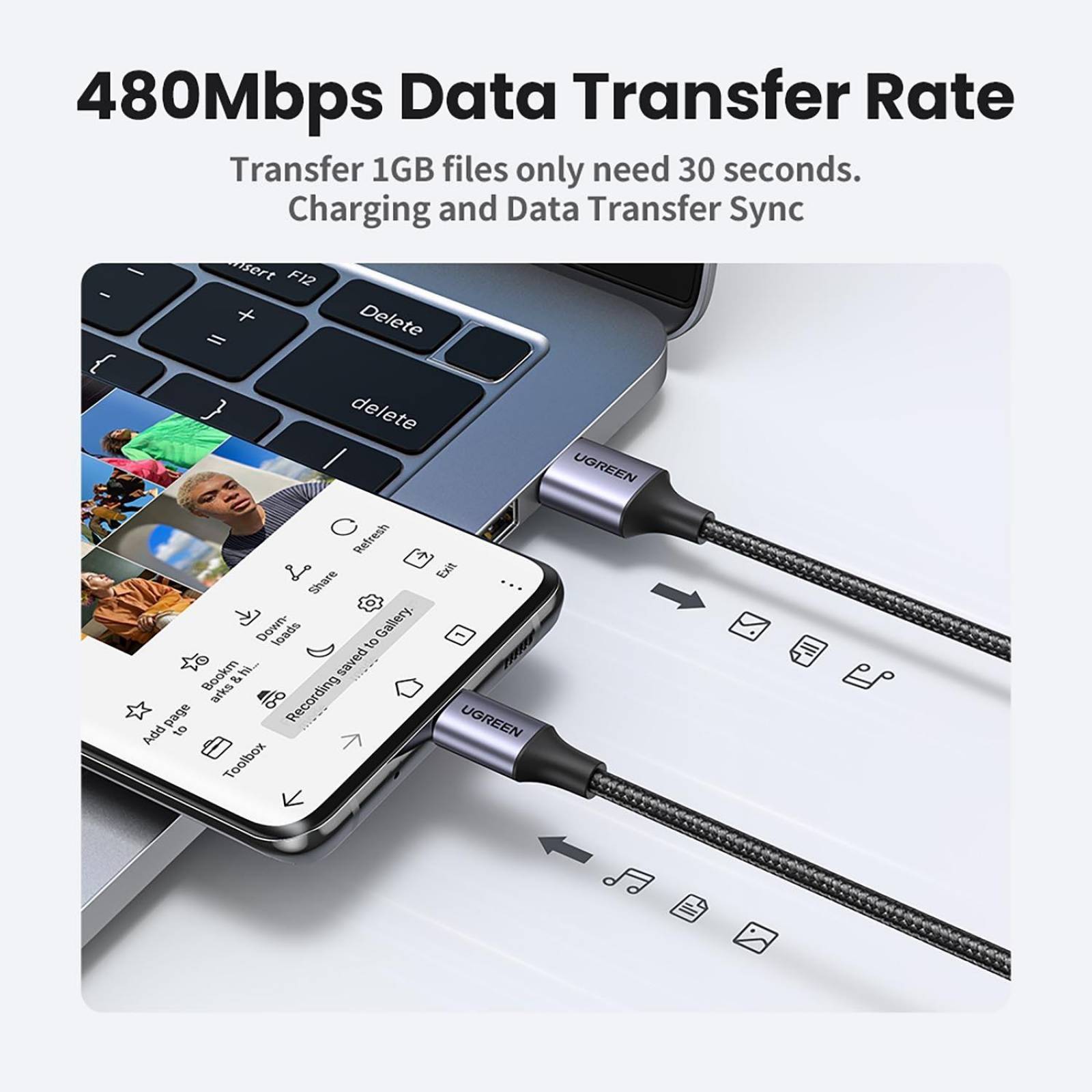 Cable Datos UGREEN USB-A a USB-C 2m trenzado Universal Gris 