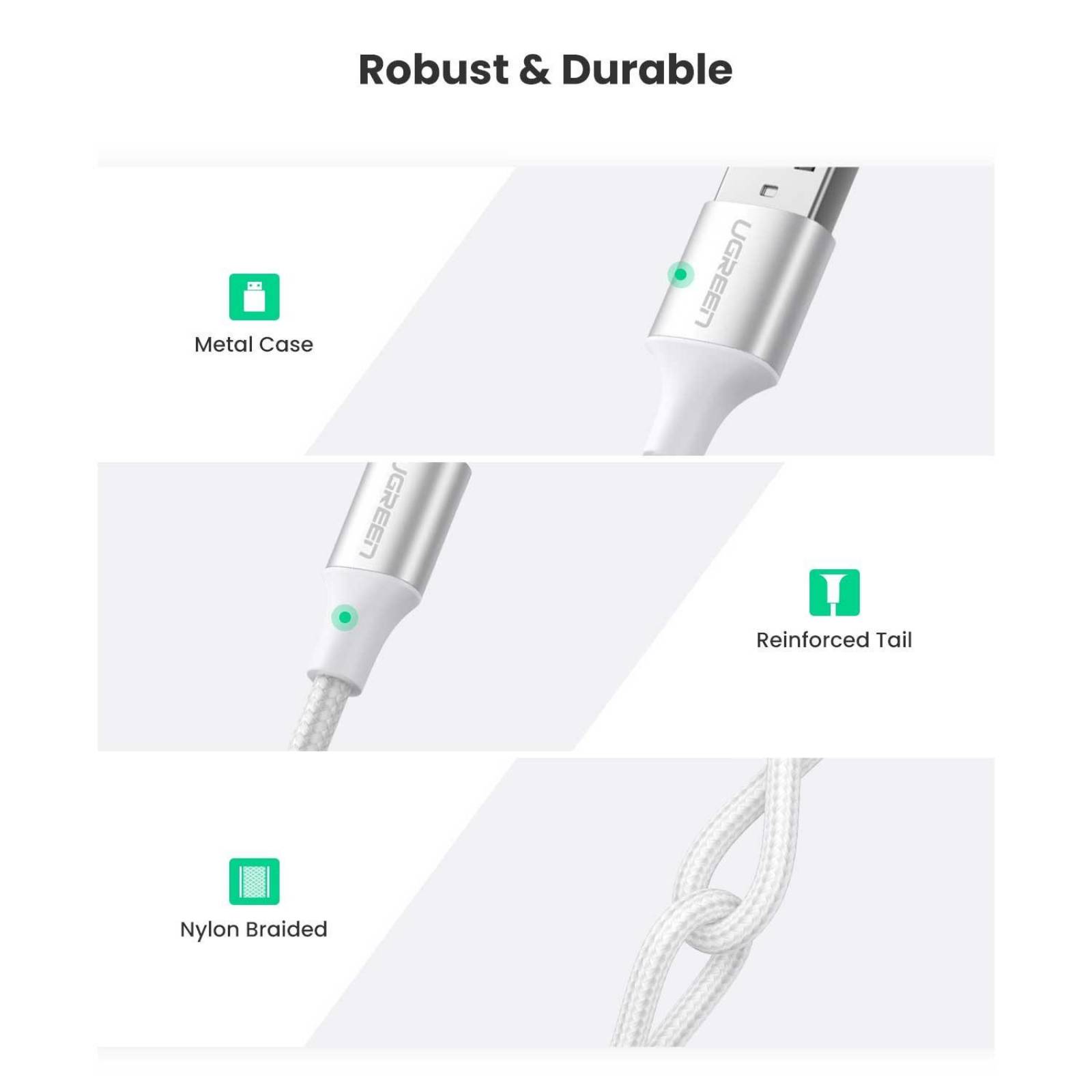Cable Datos UGREEN USB-A a USB-C blanco 2m trenzado Universal 