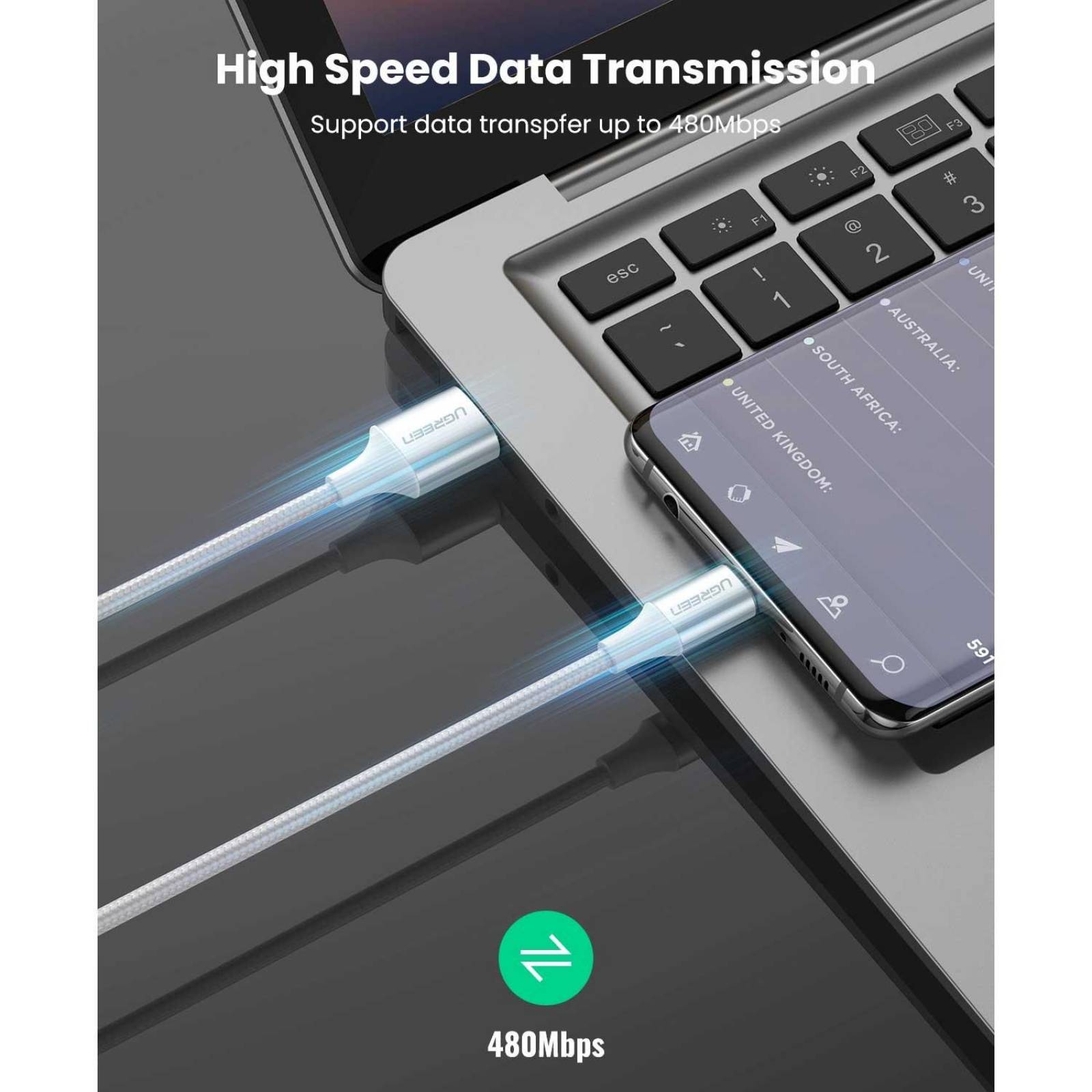 Cable Datos UGREEN USB-A a USB-C blanco 2m trenzado Universal 