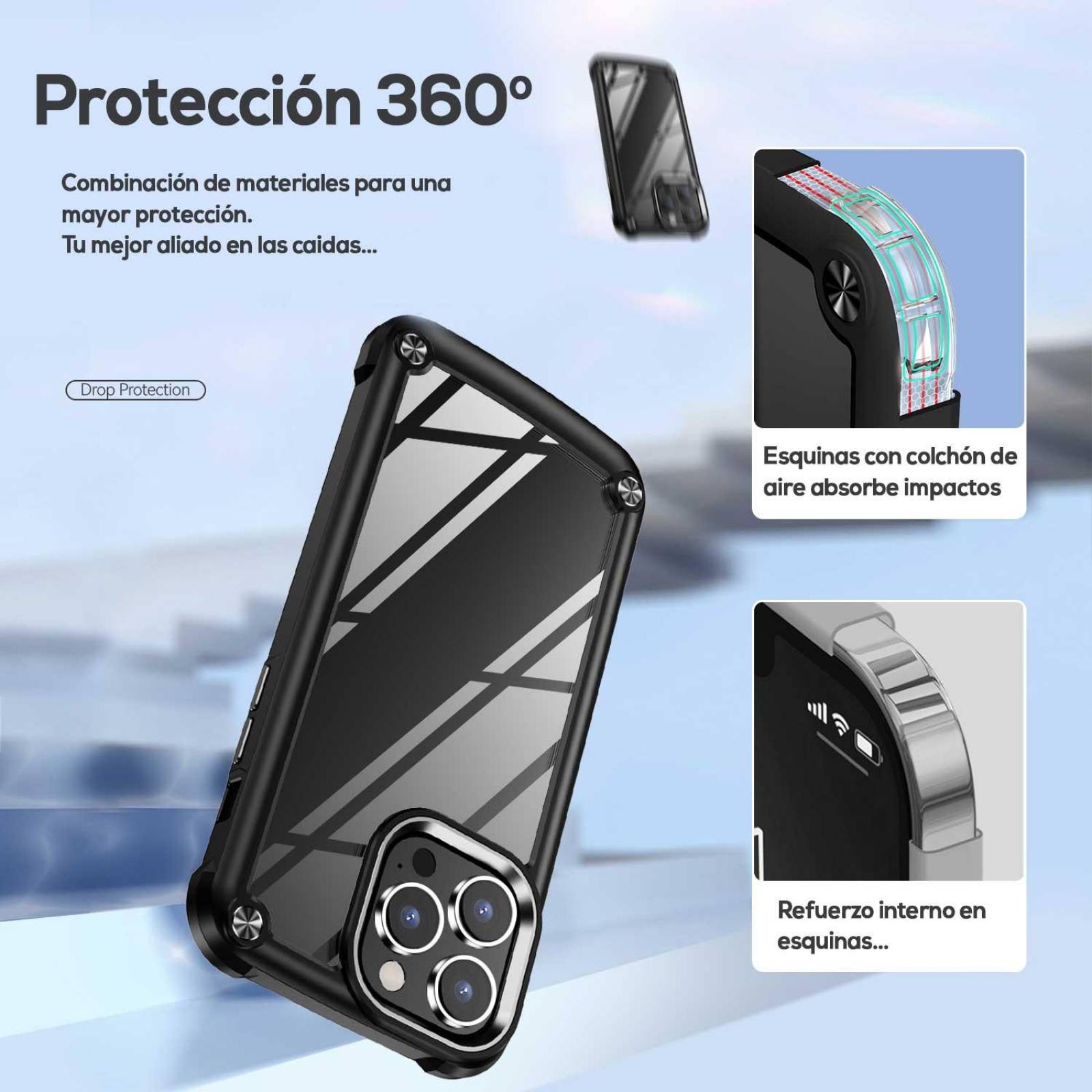 Funda TEKKU Shock Hardshell para iPhone 15 PRO Negra Transparente 