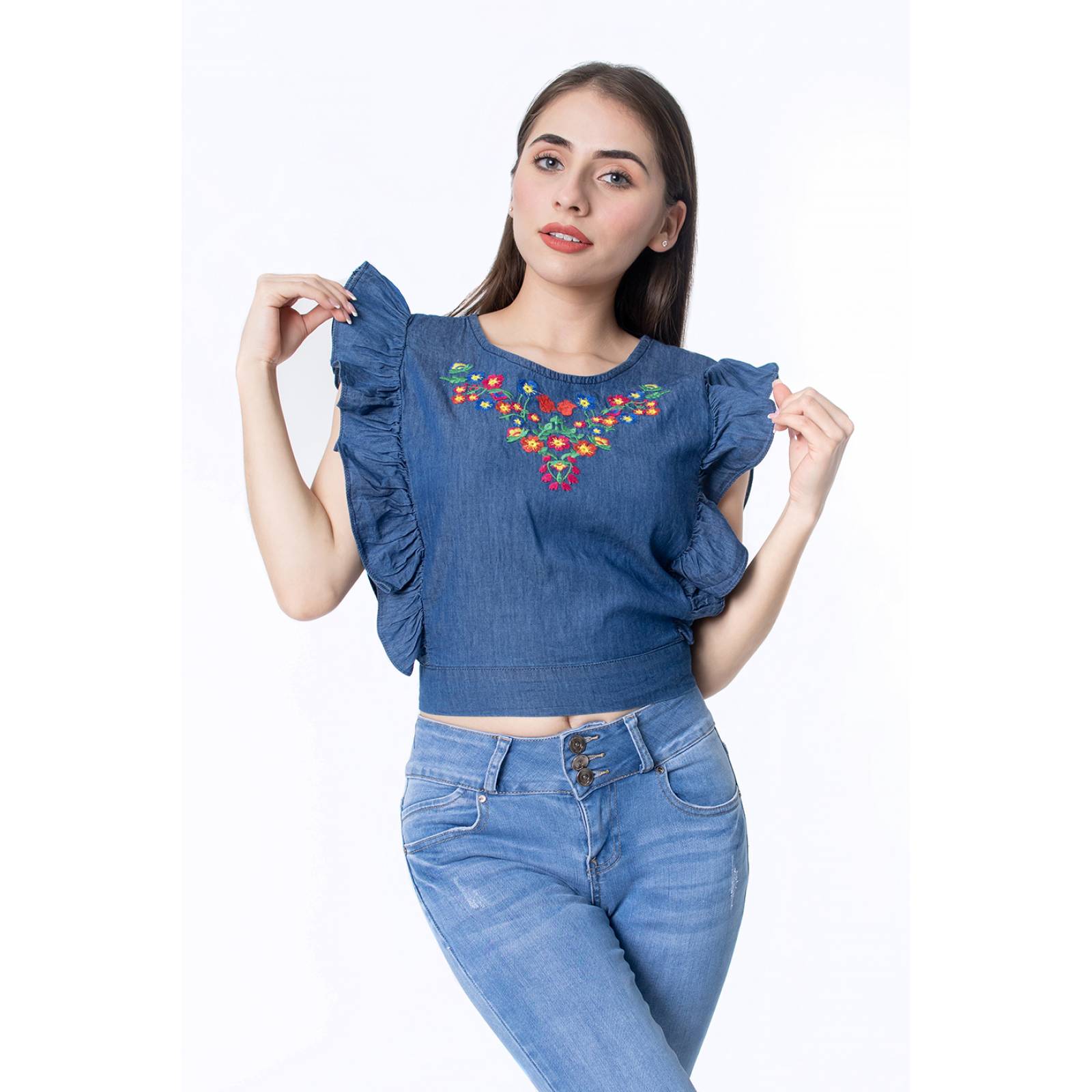 Blusa corta mezclilla mujer con bordado y lazo en espalda