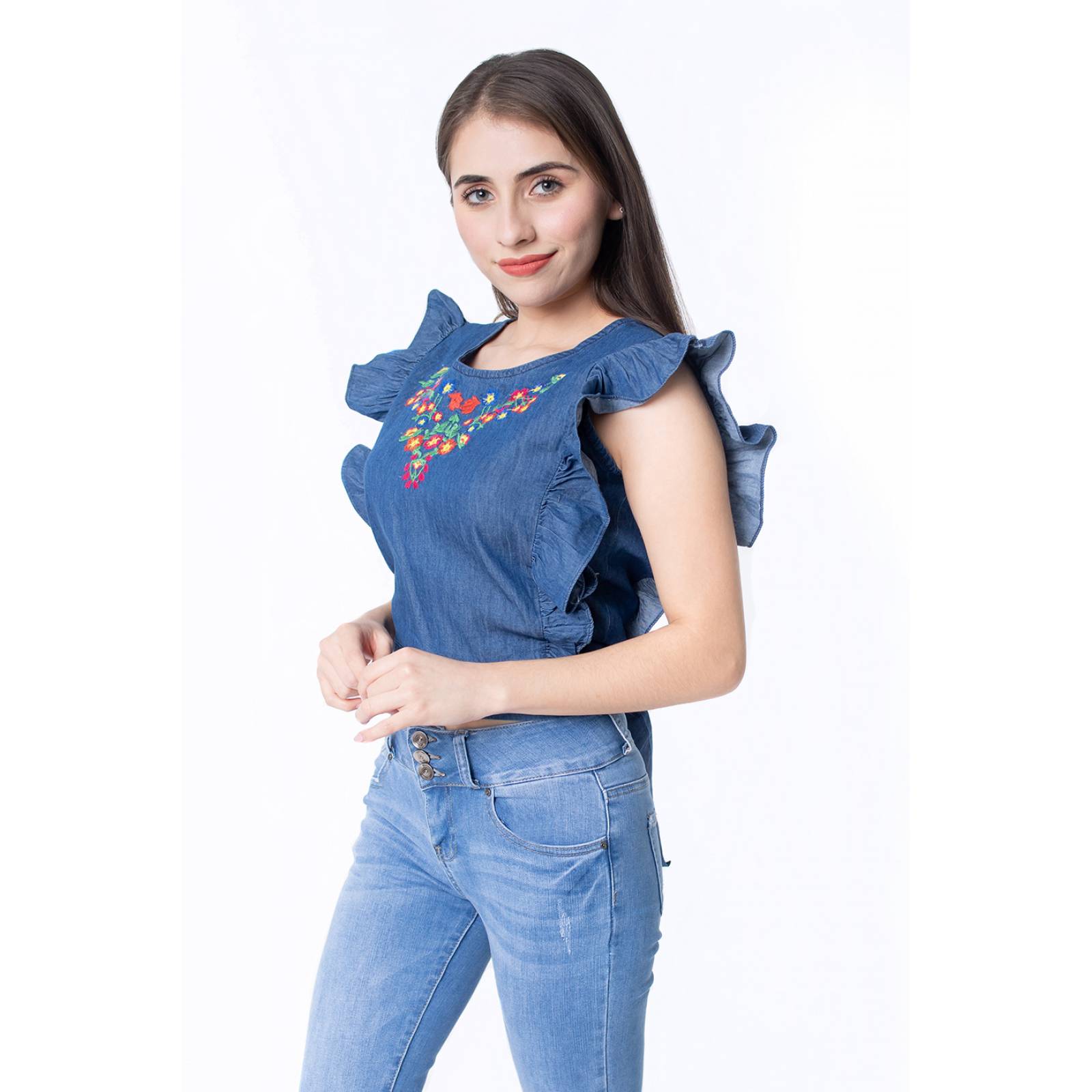Blusa corta mezclilla mujer con bordado y lazo en espalda