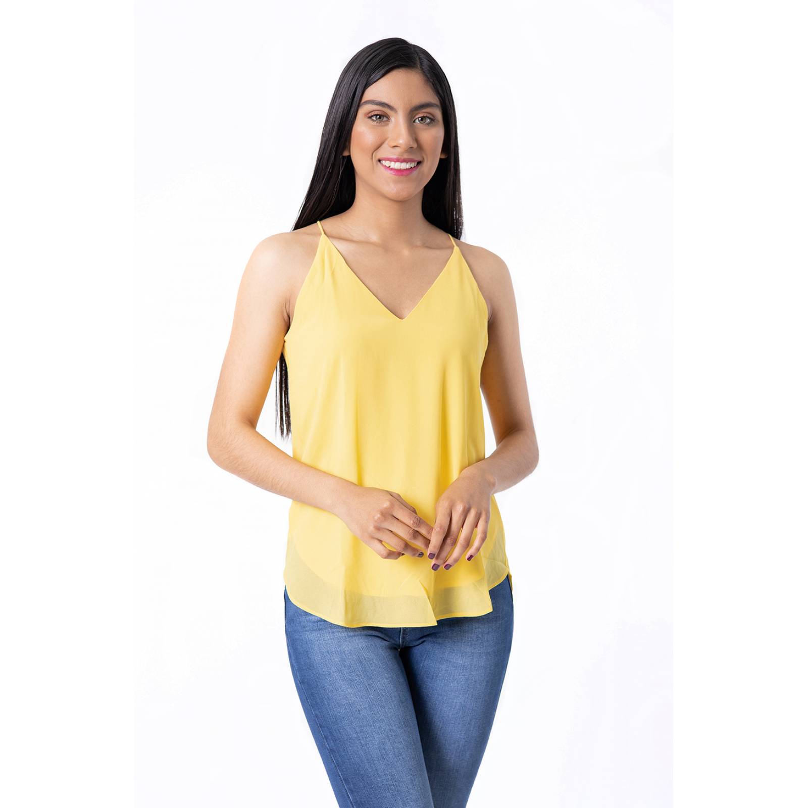Blusa de tirantes con transparencia y escote en V para mujer