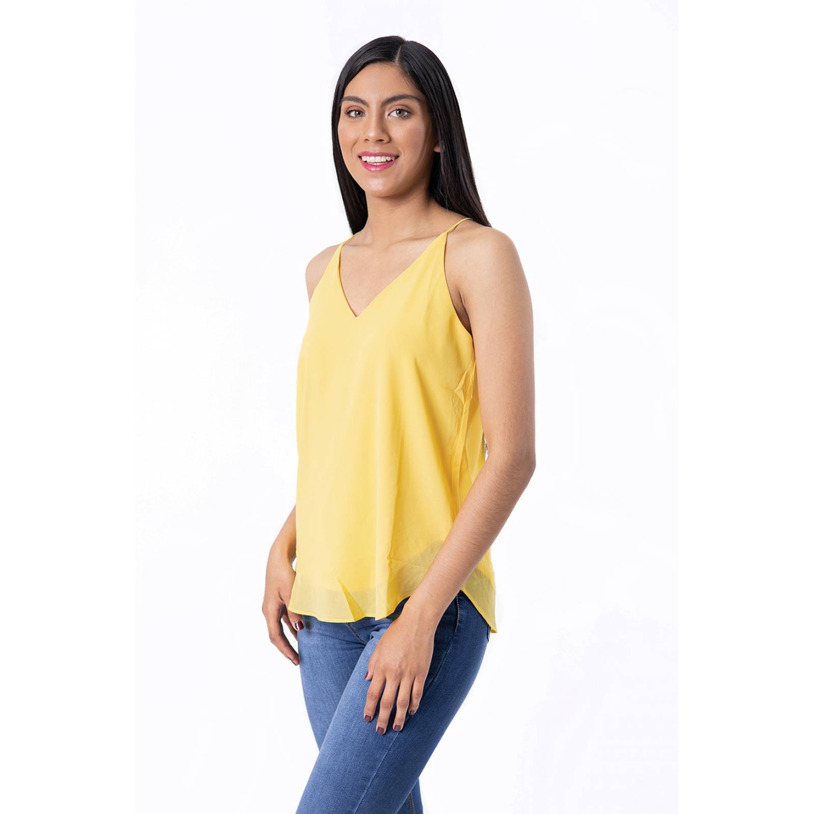 Blusa de tirantes con transparencia y escote en V para mujer