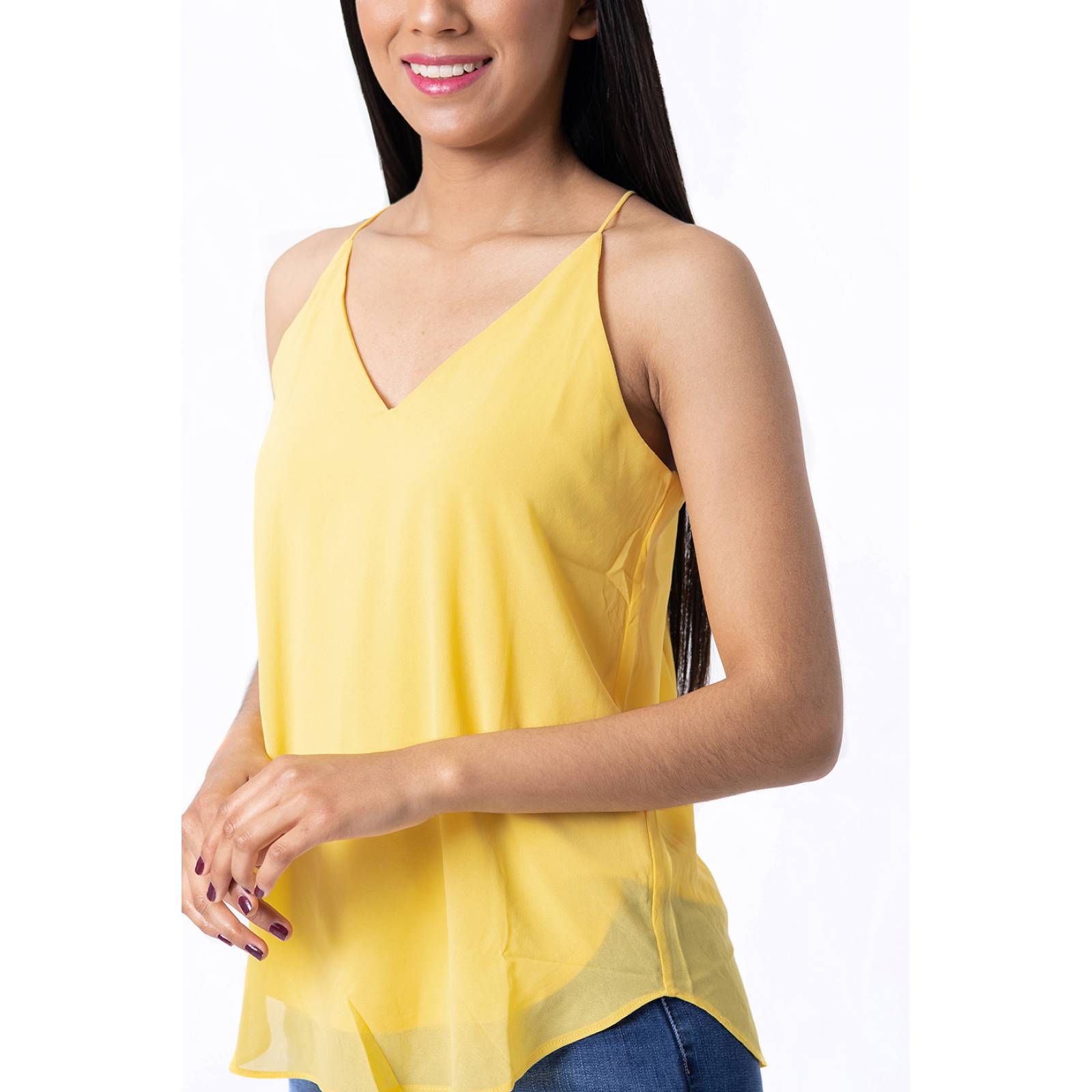 Blusa de tirantes con transparencia y escote en V para mujer