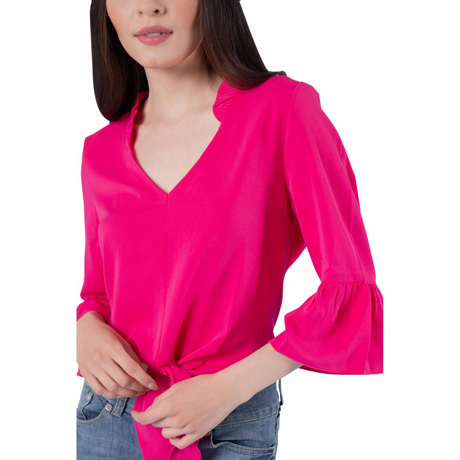 Blusa corta manga amplia de olanes y lazo en cintura mujer