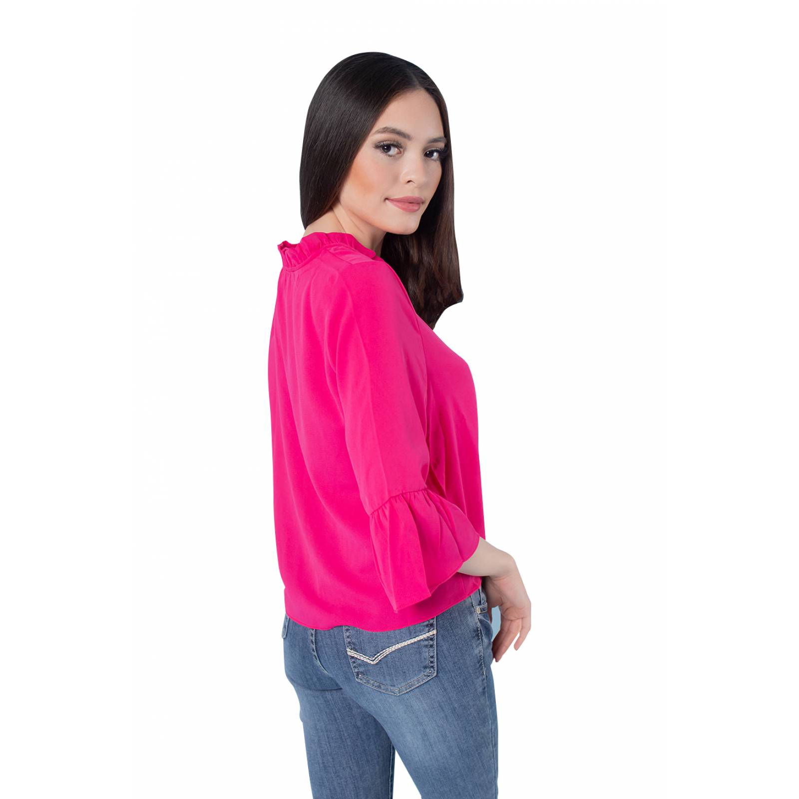 Blusa corta manga amplia de olanes y lazo en cintura mujer