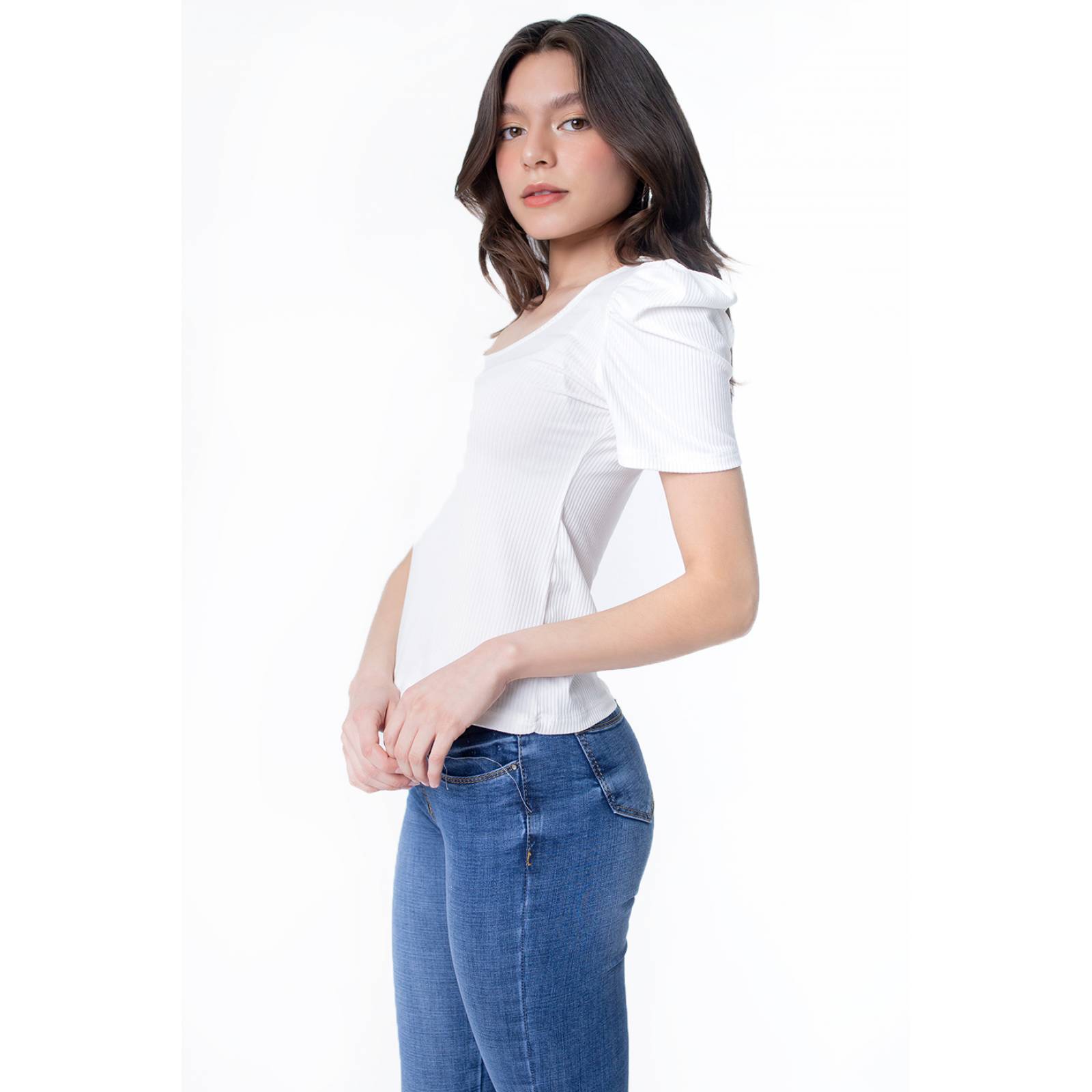 Blusa cuello U acanalada para mujer manga plisada tipo farol