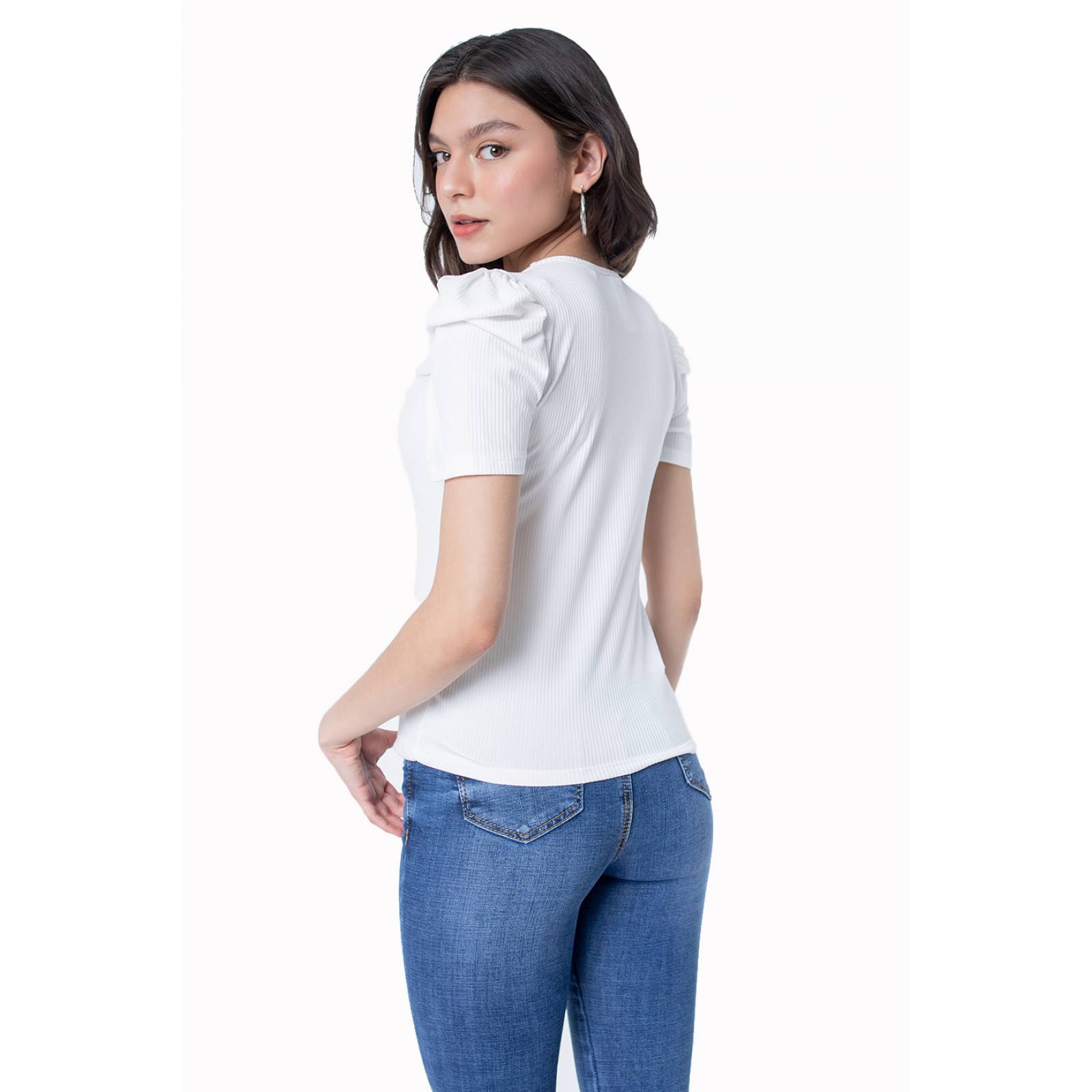 Blusa cuello U acanalada para mujer manga plisada tipo farol