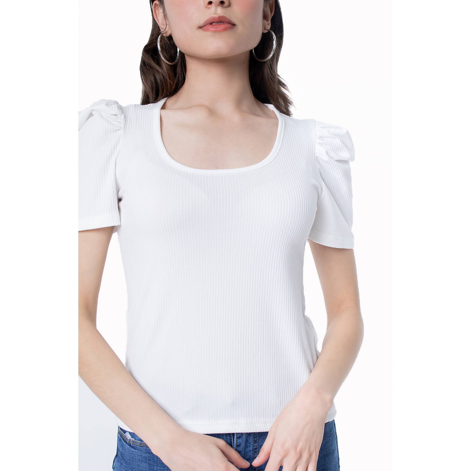 Blusa cuello U acanalada para mujer manga plisada tipo farol