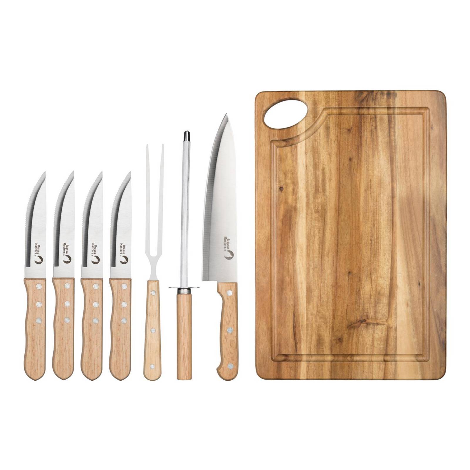 Juego de Asado de Acero Inoxidable y Madera 8 Piezas Brassa Masters