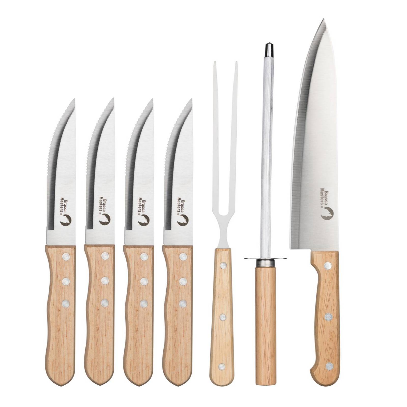 Juego de Asado de Acero Inoxidable y Madera 8 Piezas Brassa Masters