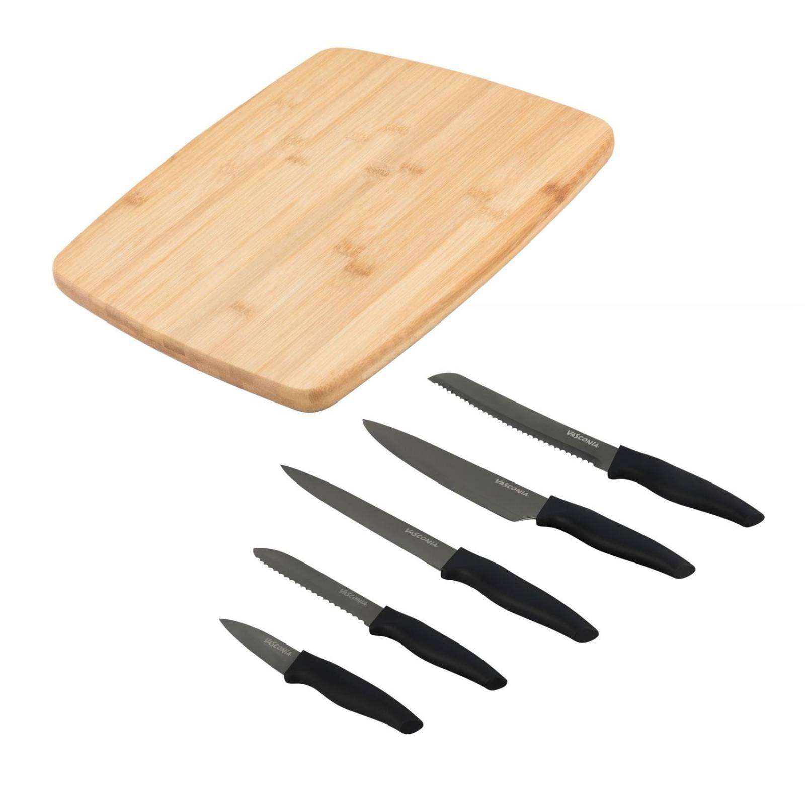 Set de Cuchillos Vasconia 6 Piezas y Tabla Para Picar de Bambú